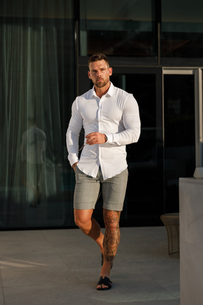 Father Sons Tailored Prince of Wales Check Grey Shorts With Belt Loops - FSTS004