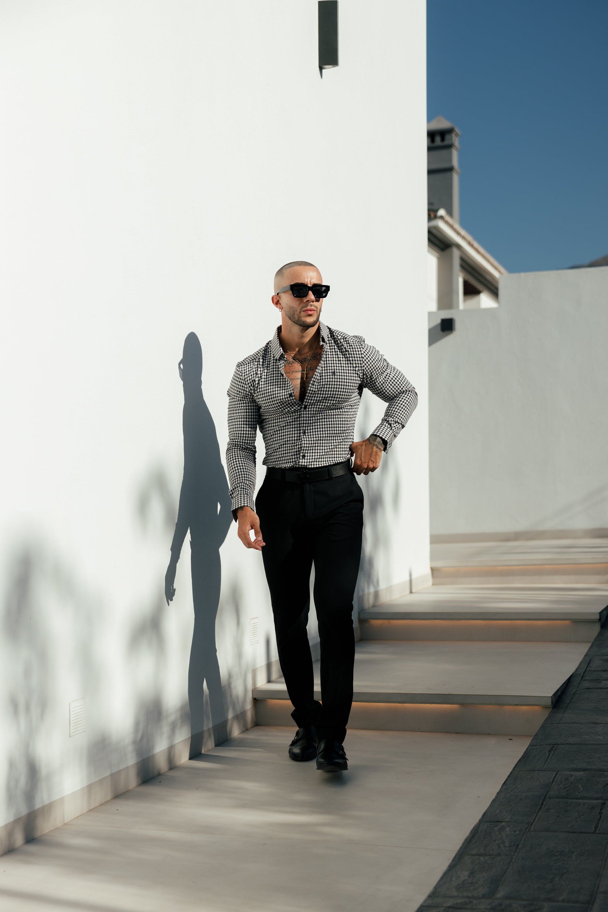 Super Slim Stretch White / Black Check Long Sleeve with Button Down Collar - FS1069