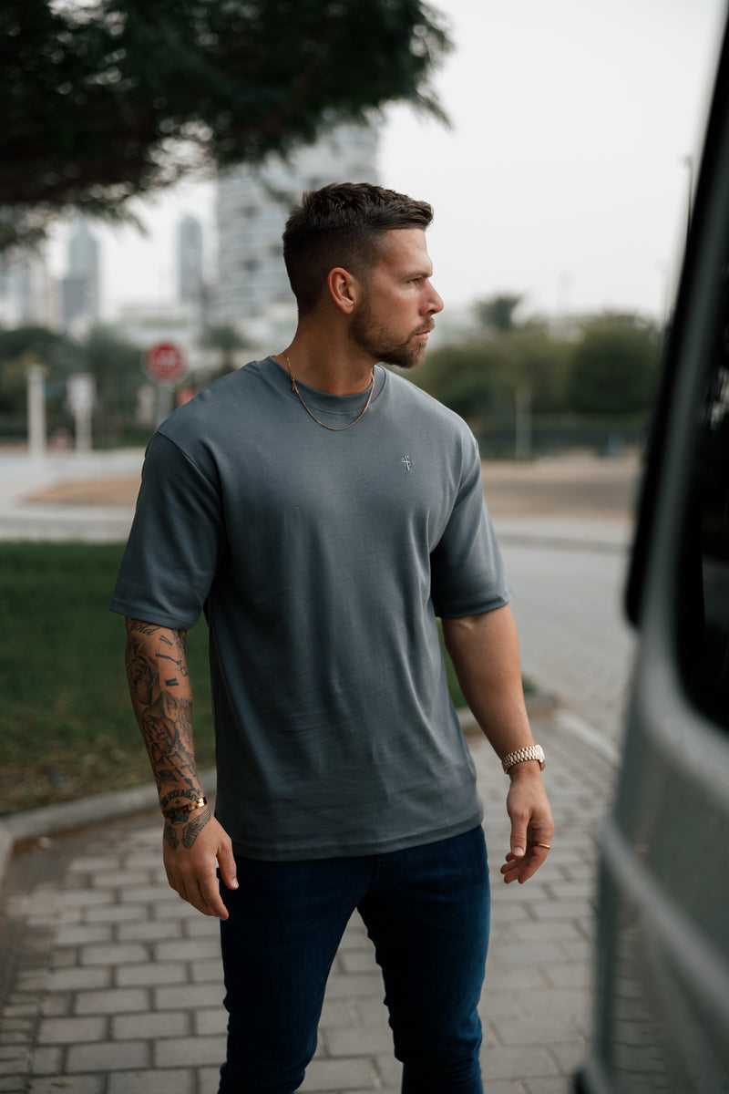 Father Sons Classic Dark Grey Oversized Crew T Shirt - FSH865