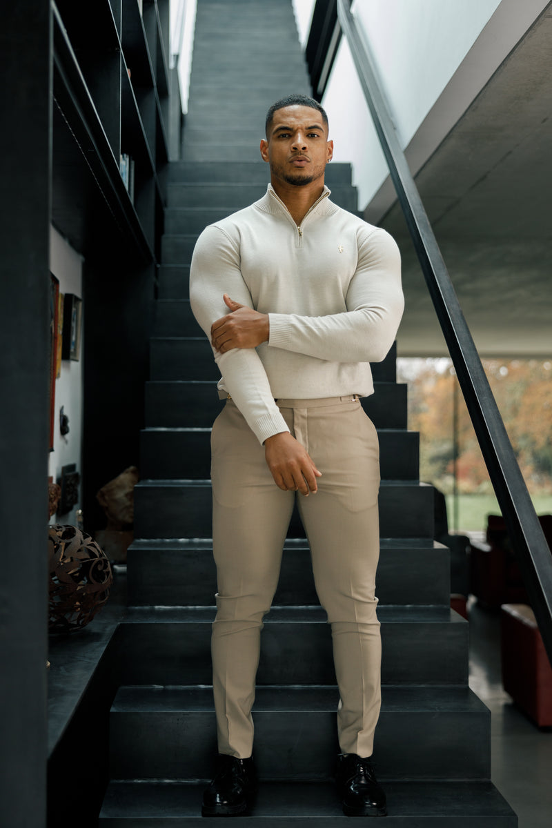 Father Sons Beige Funnel Neck 1/2 Zip Knitted Sweater - FSN118