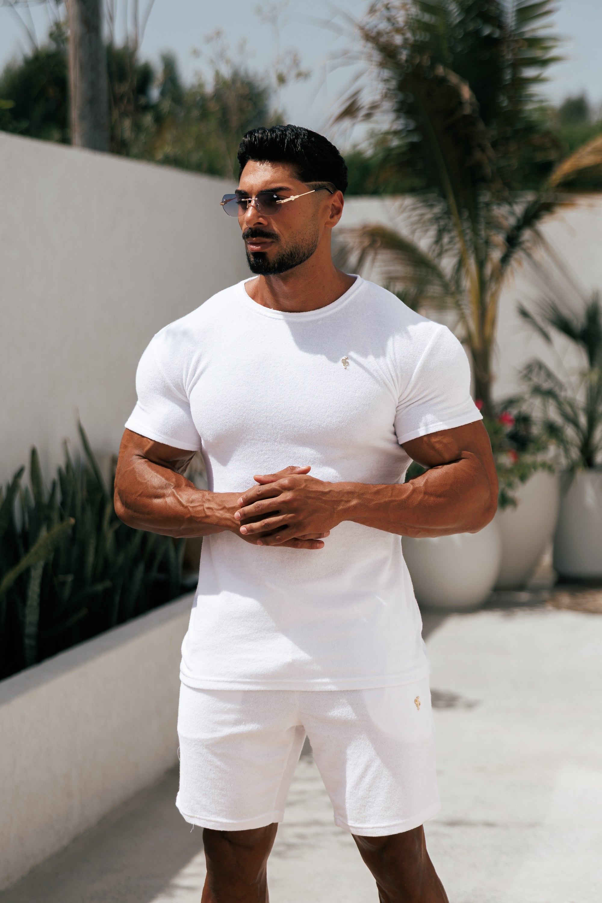 White / Gold Towelling Crew T Shirt - FSH1345