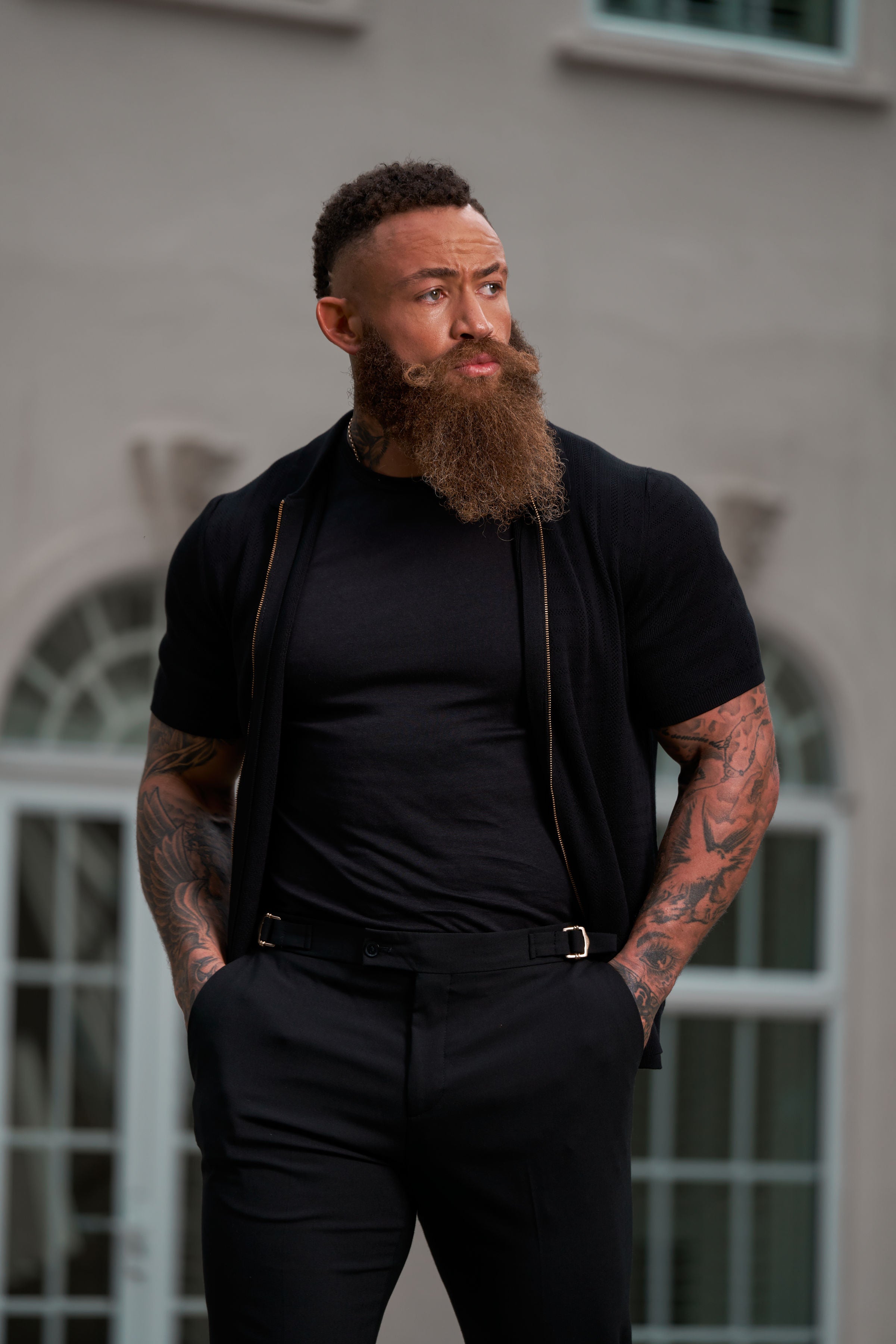 Slim Formal Black Stretch Trousers With Gold Waist Adjusters - FST041