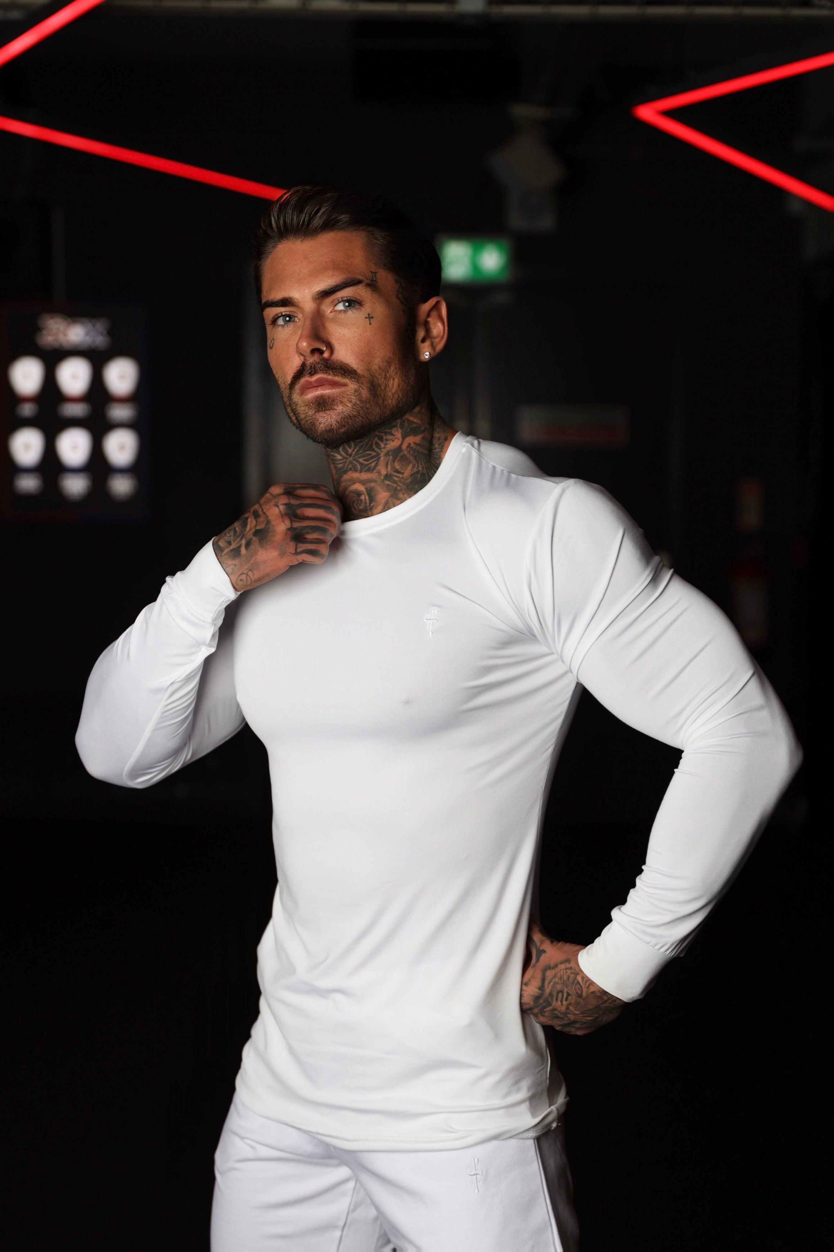Muscle Fit Long Sleeve White Tonal Gym Crew Top - FSH885
