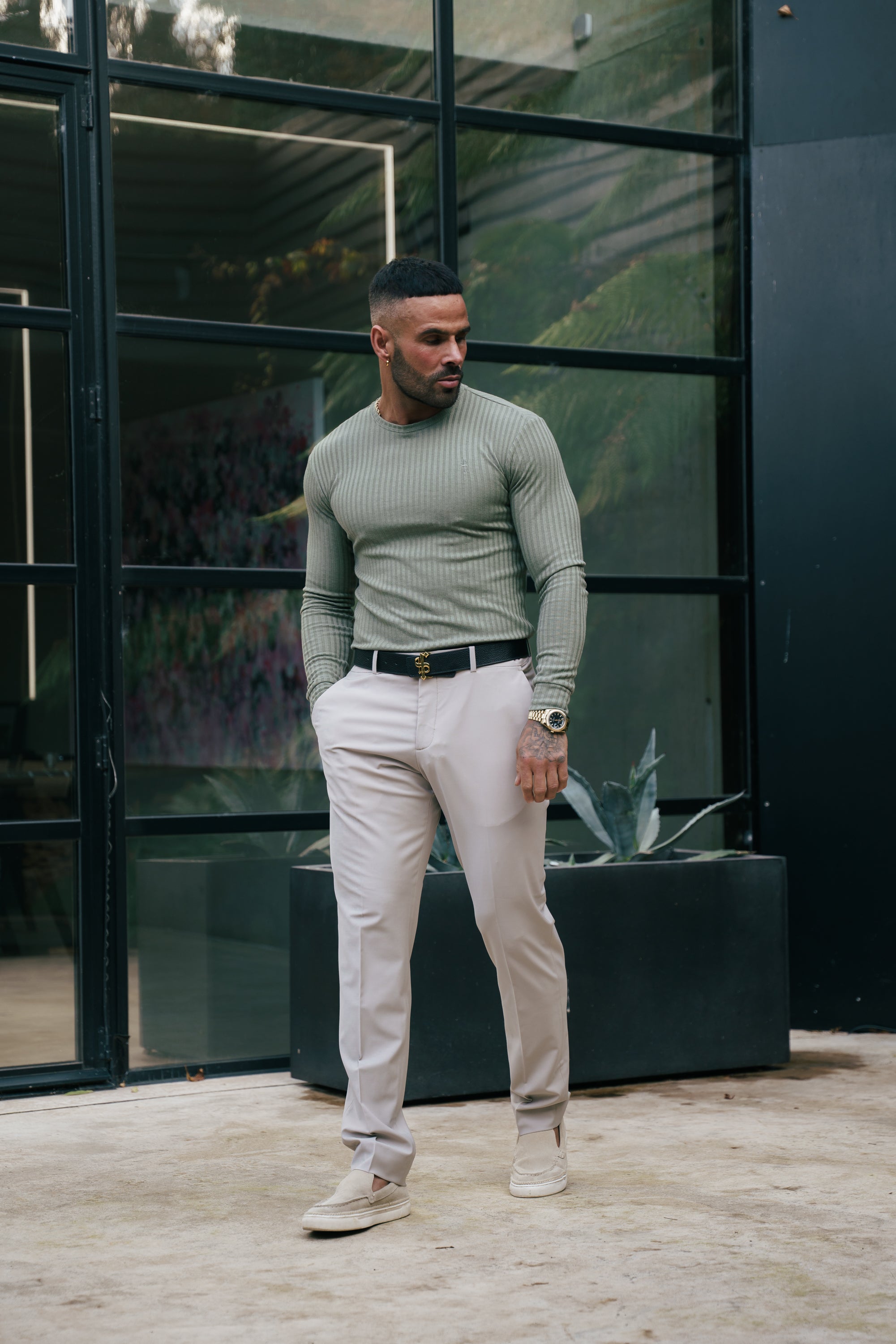 Father Sons Classic Olive Ribbed Knit Jumper With Tonal Embroidery -  FSH1285