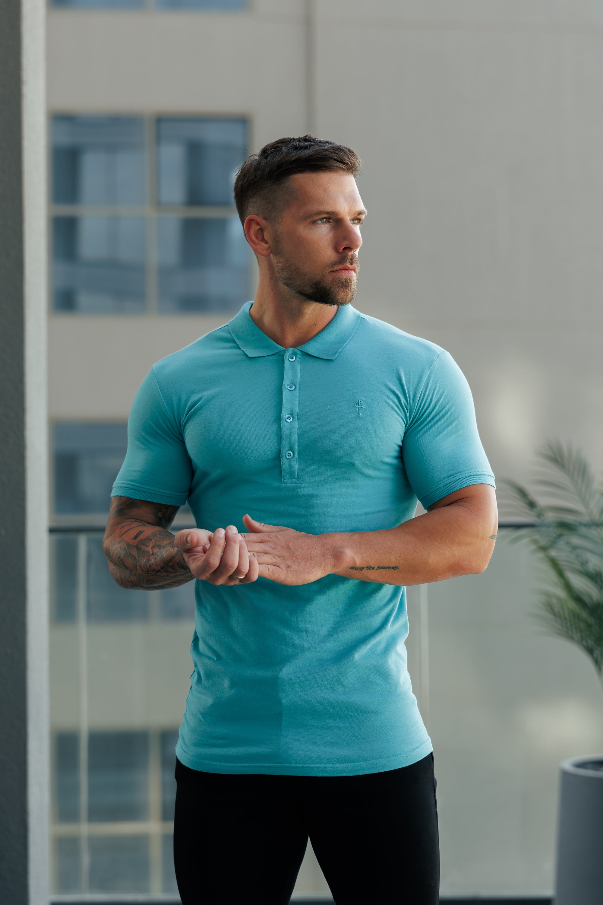 Classic Ocean Green Polo Shirt with Tonal Button and Embroidery - FSH1272
