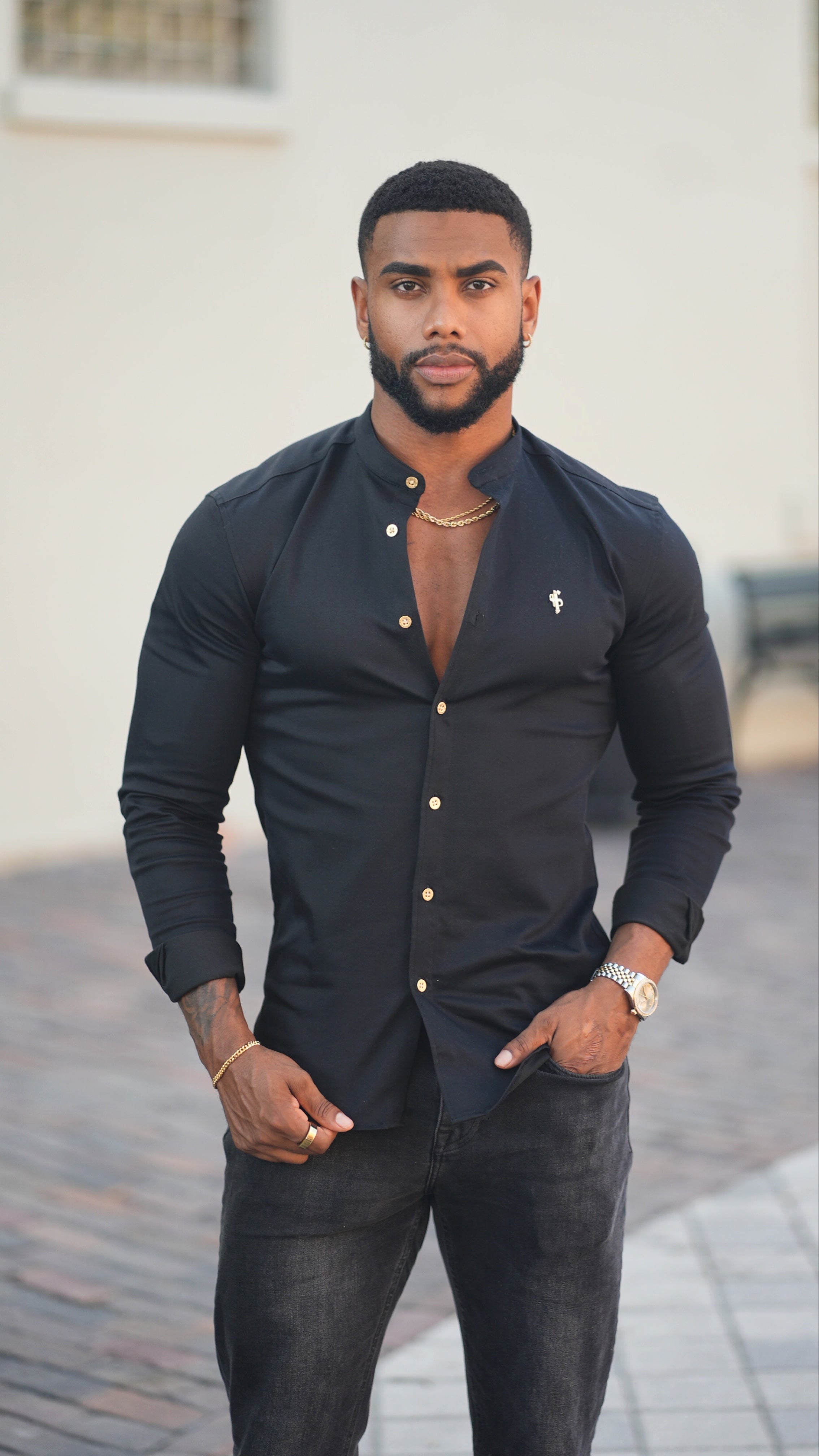 Super Slim Stretch Black Denim Long Sleeve Grandad collar with Metal Buttons and Decal Emblem - FS707