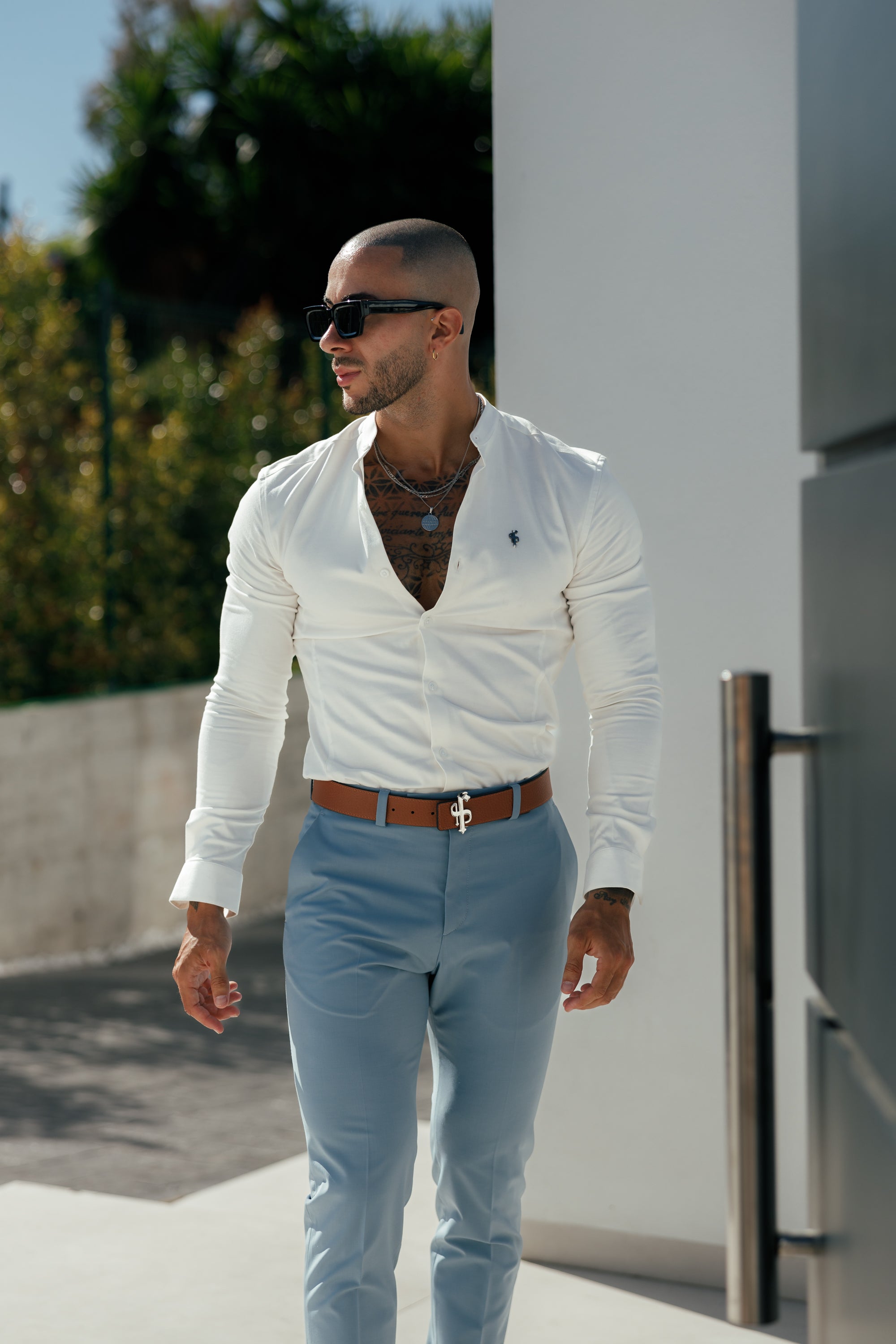 Super Slim Stretch Off White Side Panel Shirt Grandad Collar LS - FS1091