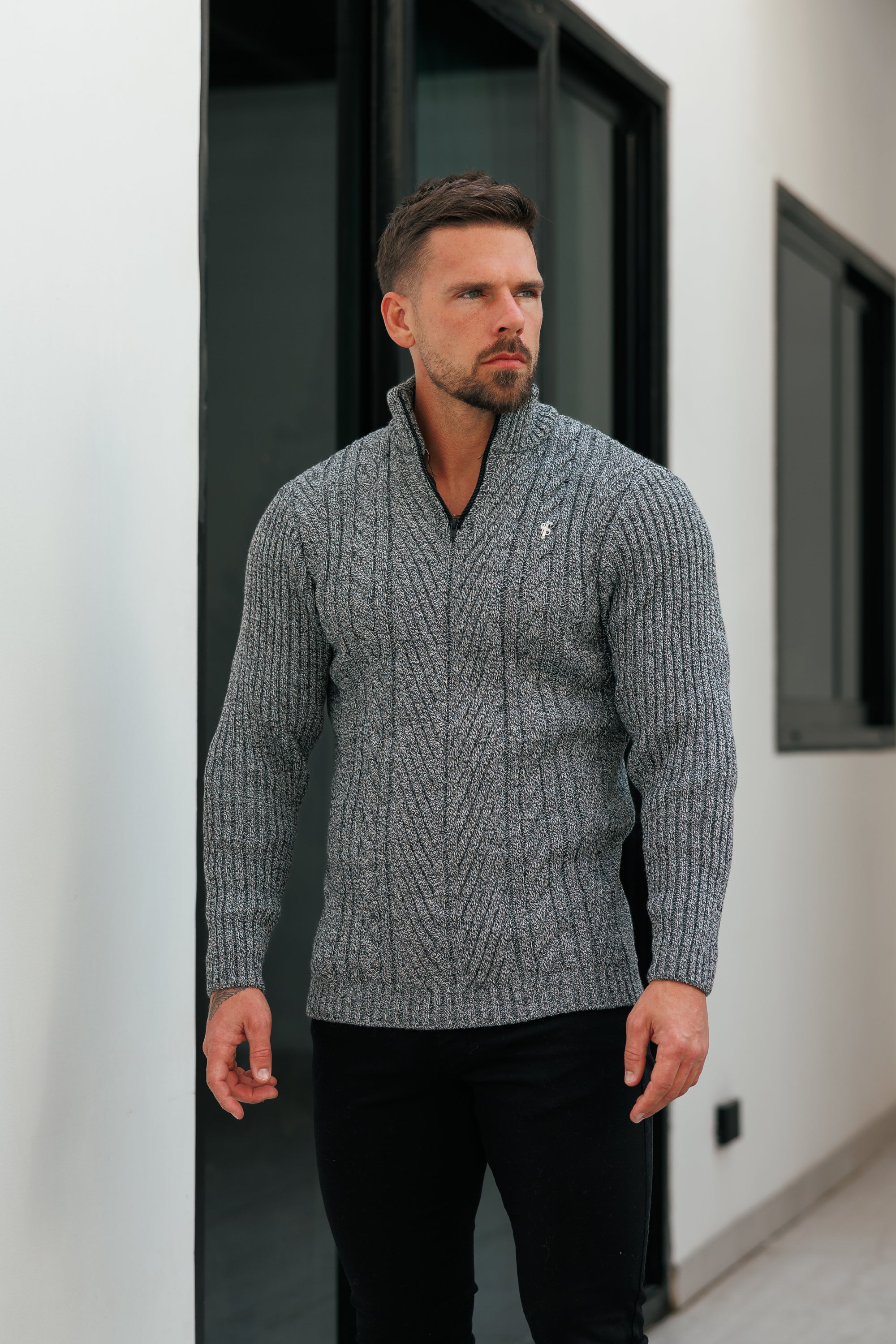 Funnel Neck Jumper with Quarter Zip Black / White Two Tone - FSJ154