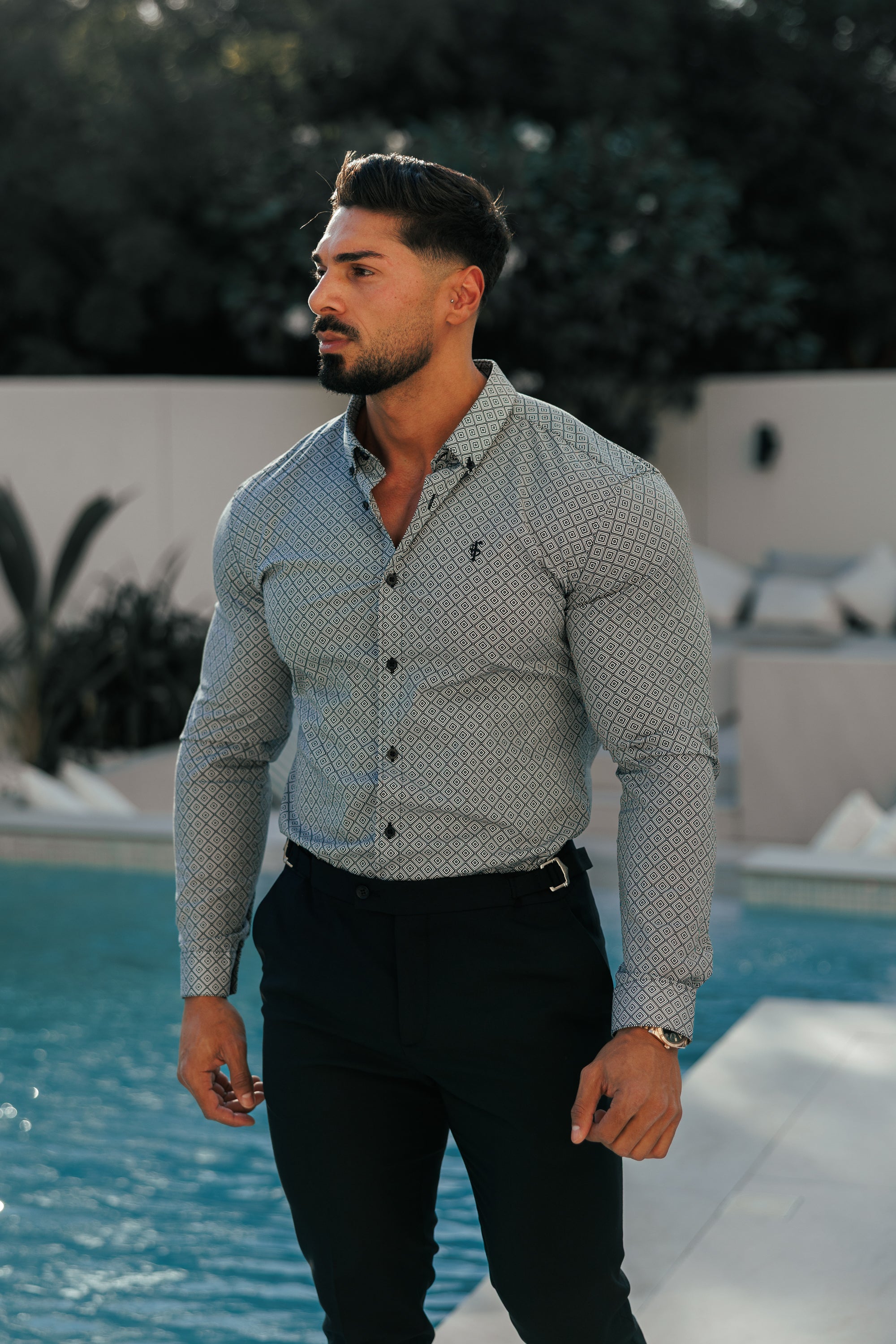 Super Slim Stretch Black / White Diamond Print Long Sleeve with Button Down Collar - FS1226