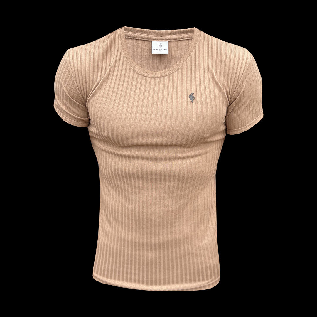 Classic Coffee / Black Ribbed Knit Super Slim Short Sleeve Crew T-Shirt - FSH1090