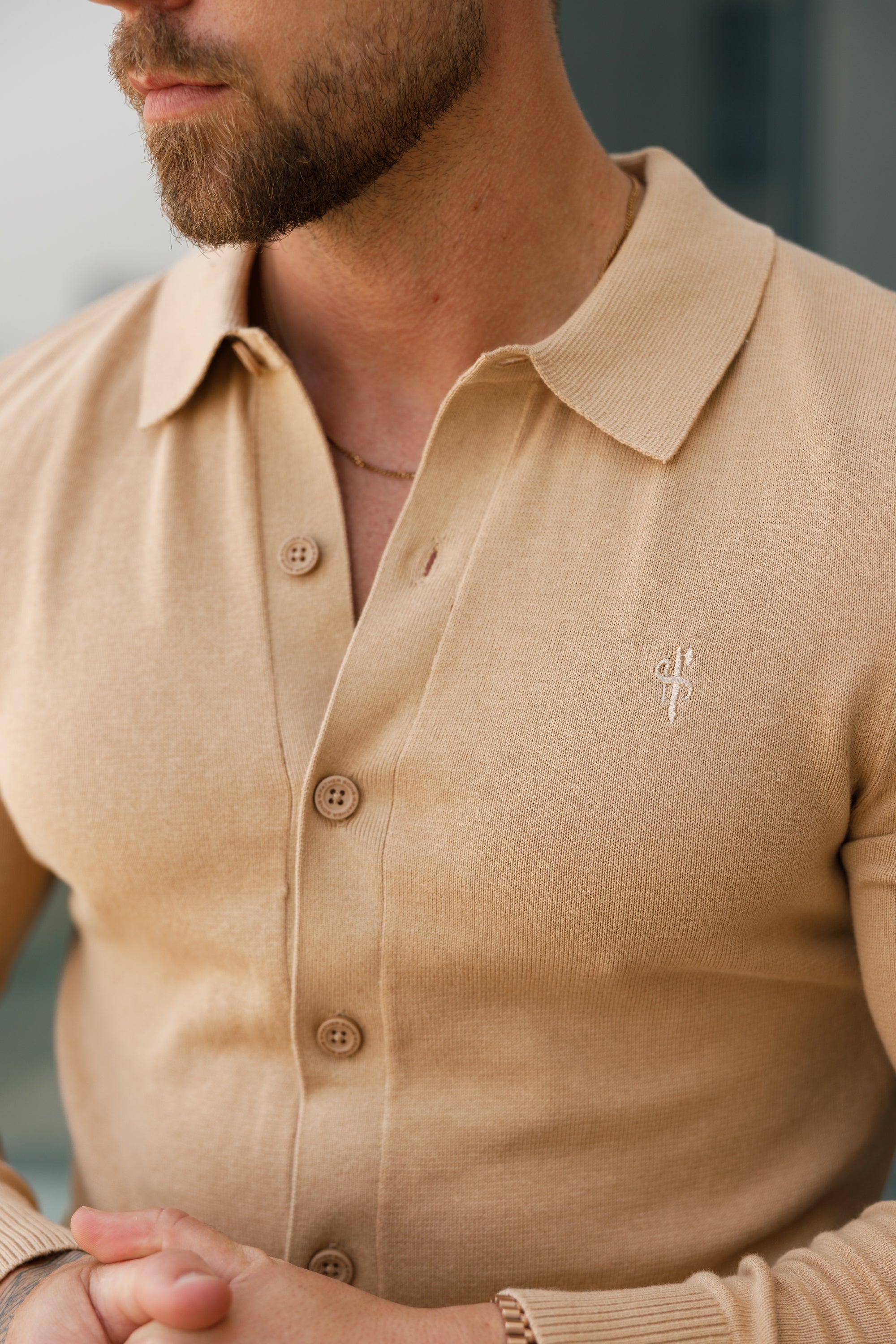 Classic Plain Coffee Knitted Button Through Polo Long Sleeve - FSN171