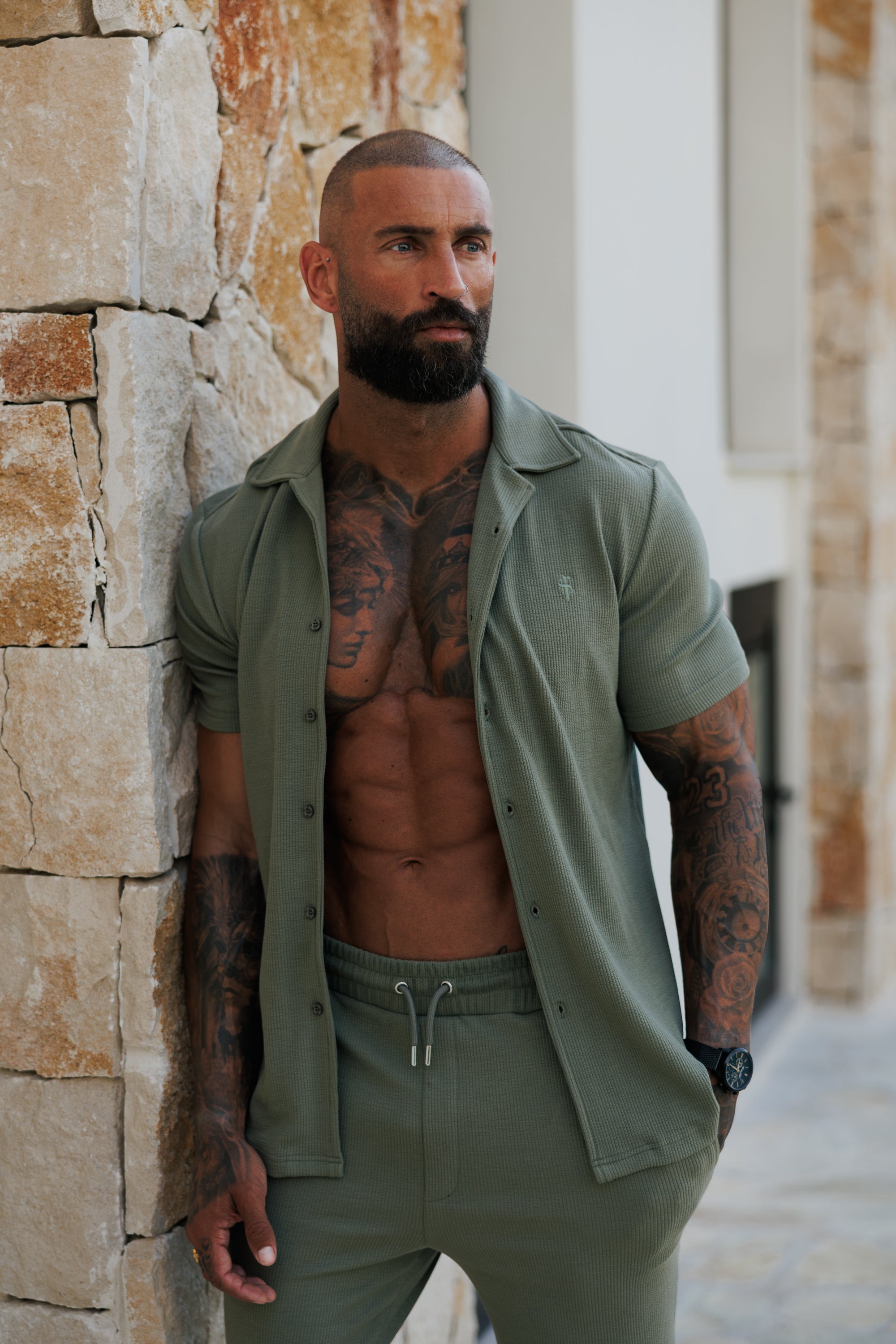 Jersey Cord Stretch Olive Revere Shirt Short Sleeve - FSR072
