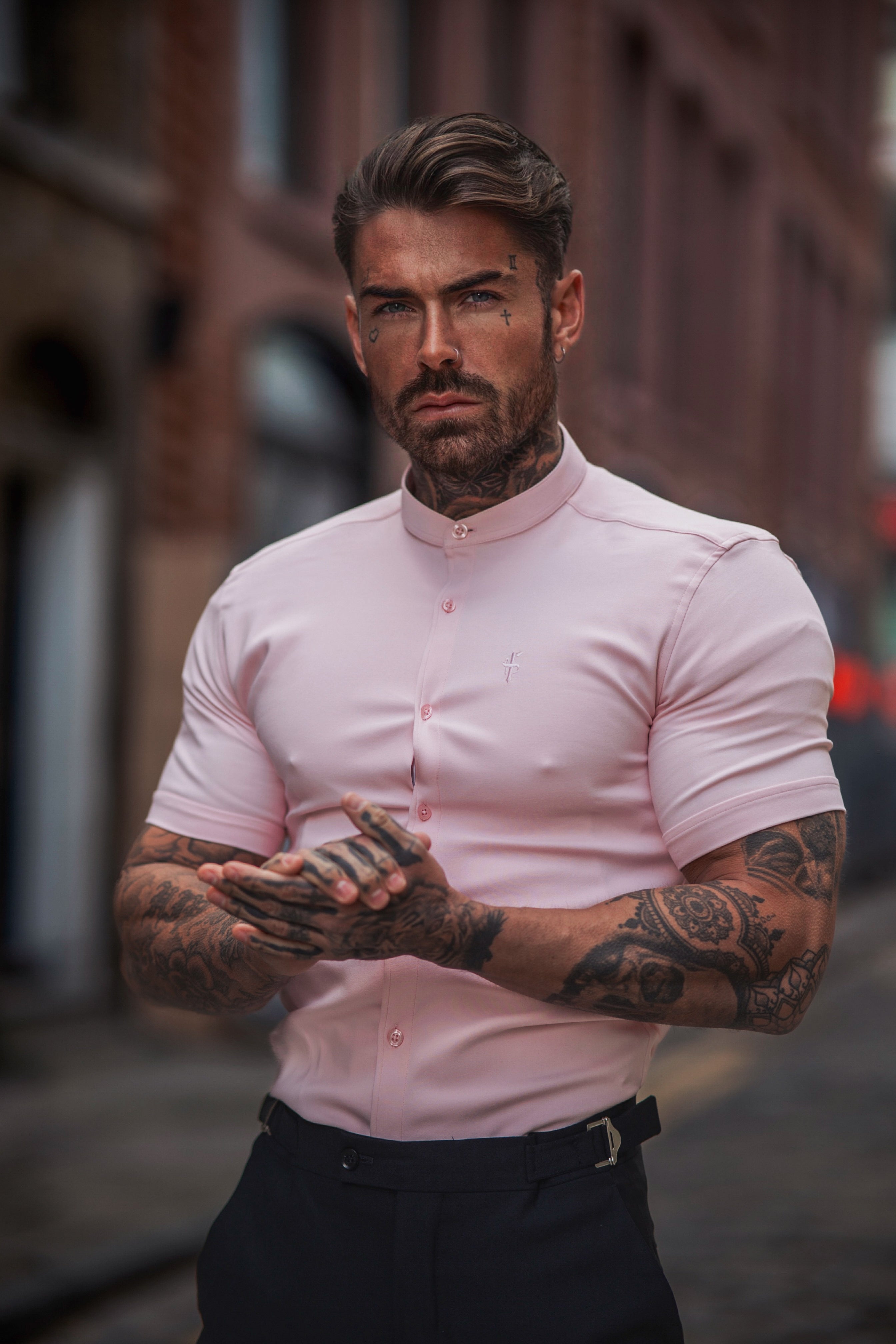 Super Slim Scuba Pink Short Sleeve Stretch With Grandad Collar - FS1005