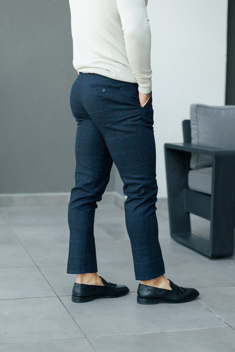 Father Sons Relaxed Formal Navy / Burgundy Check Pants - FSTR016 