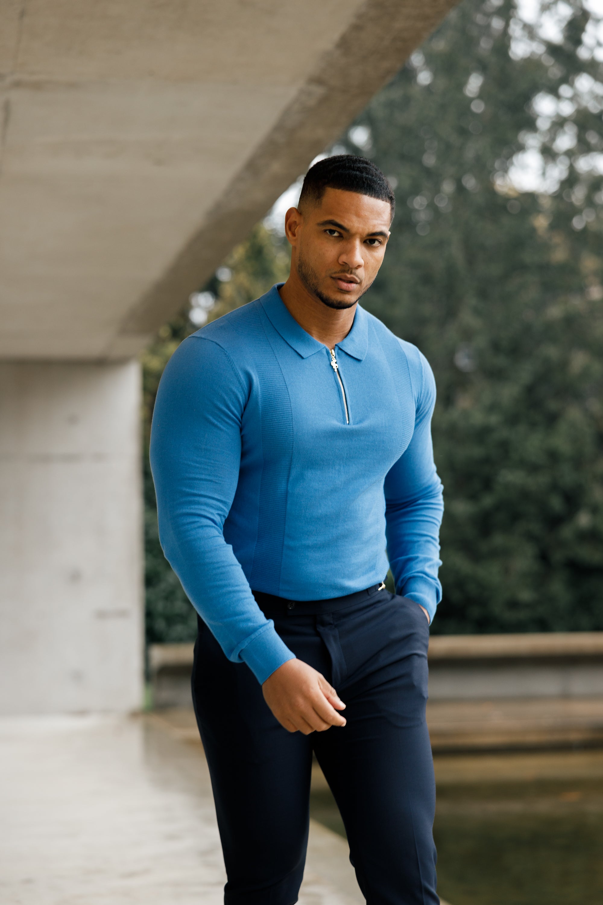 Classic Mid Blue and Gold Zip Knitted Polo Shirt Long Sleeve - FSN129