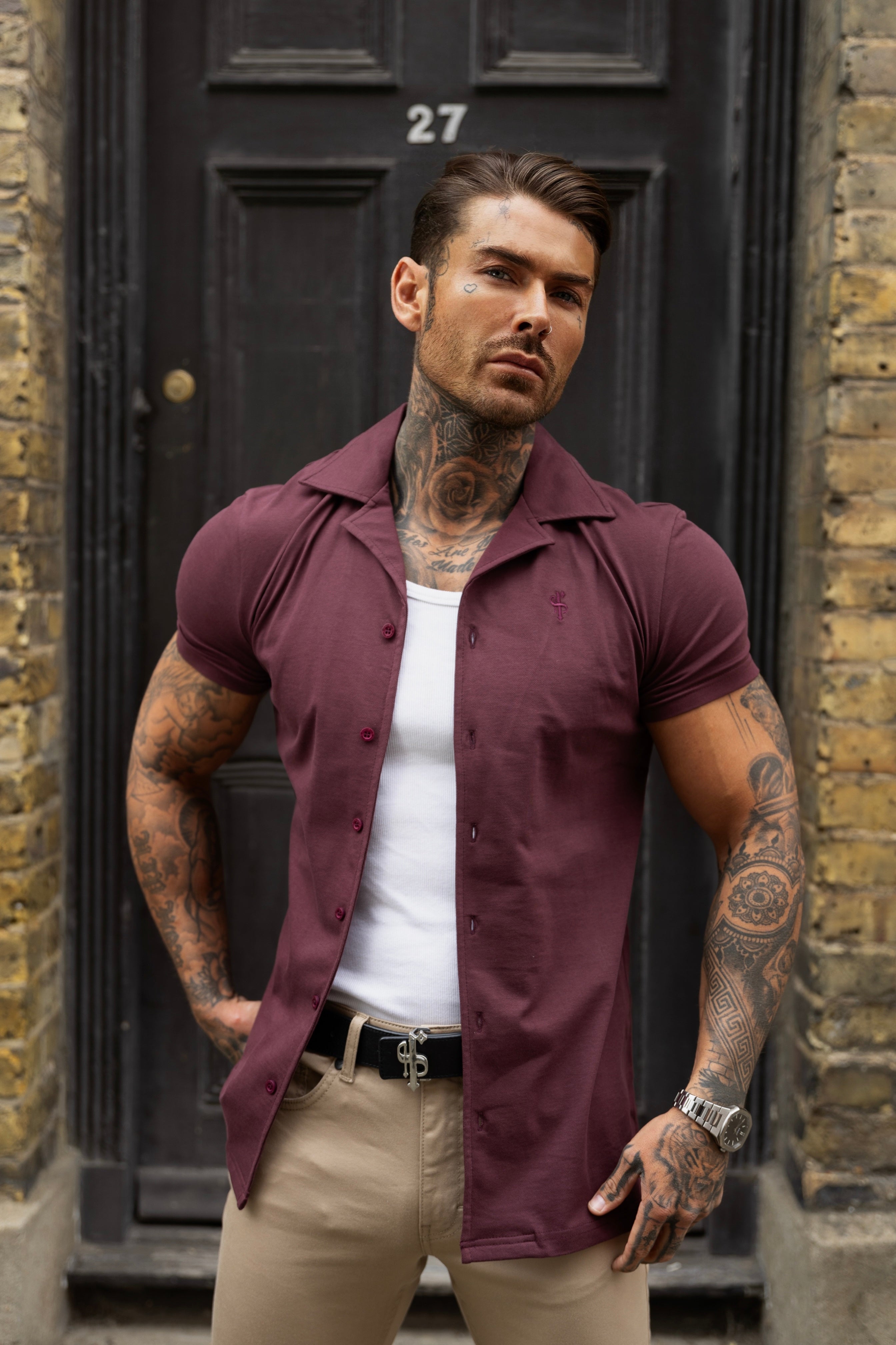 Stretch Burgundy Pique Revere Shirt Short Sleeve - FSH1079