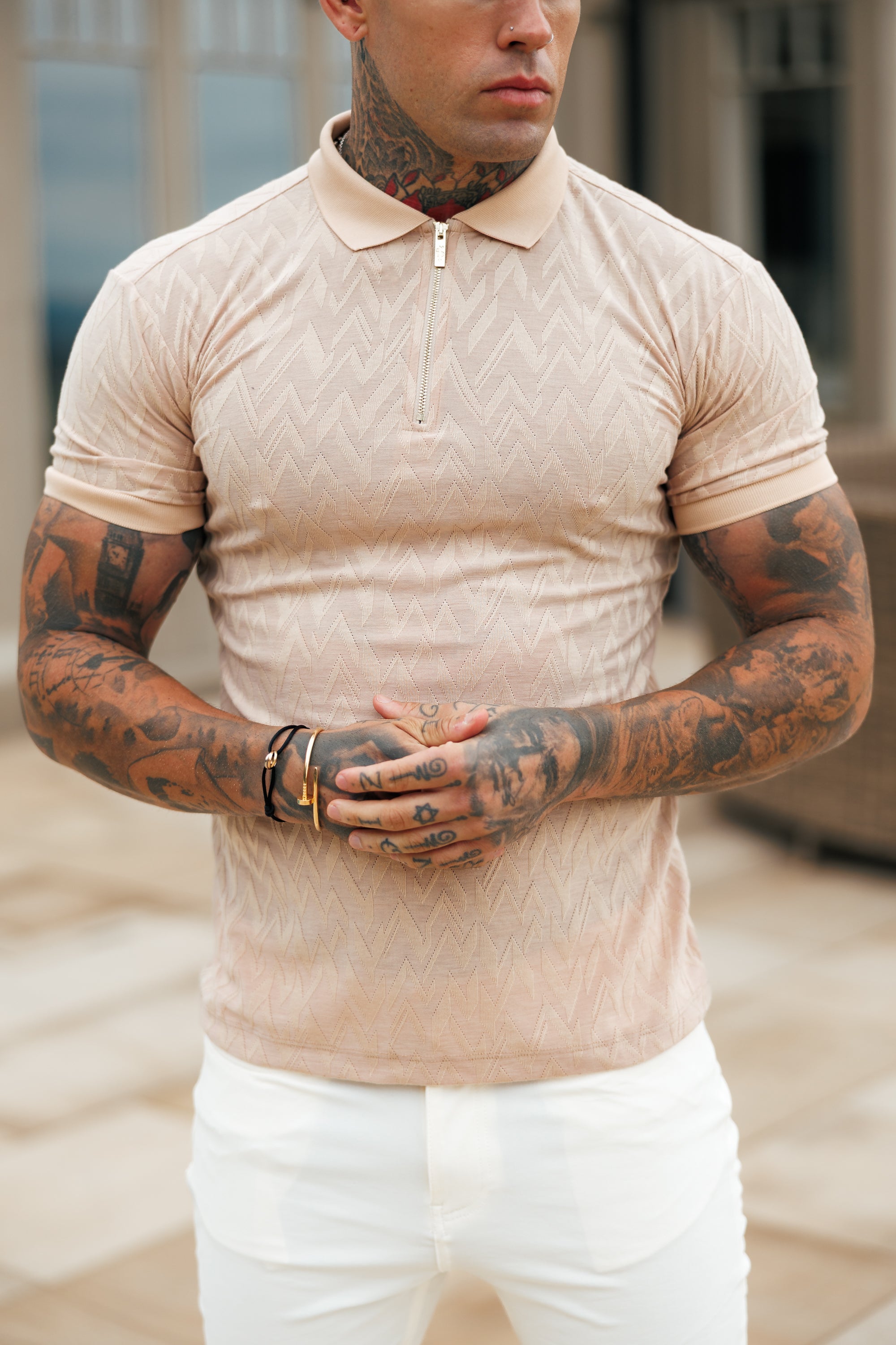 Classic Jacquard Beige Chevron Zipped Polo - FSR023