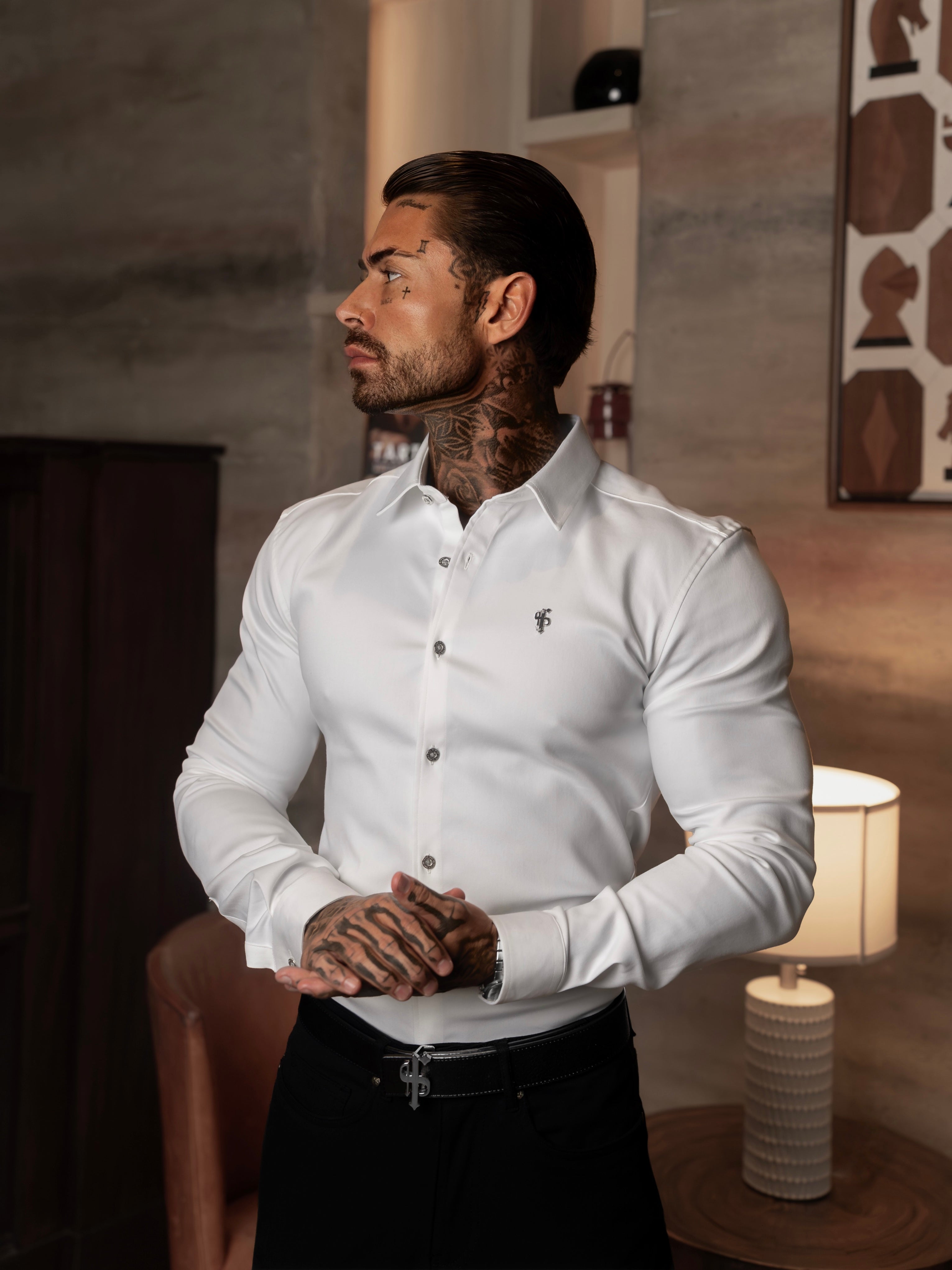 Super Slim Stretch White Denim Long Sleeve with Silver Metal Decal and Buttons - FS1111