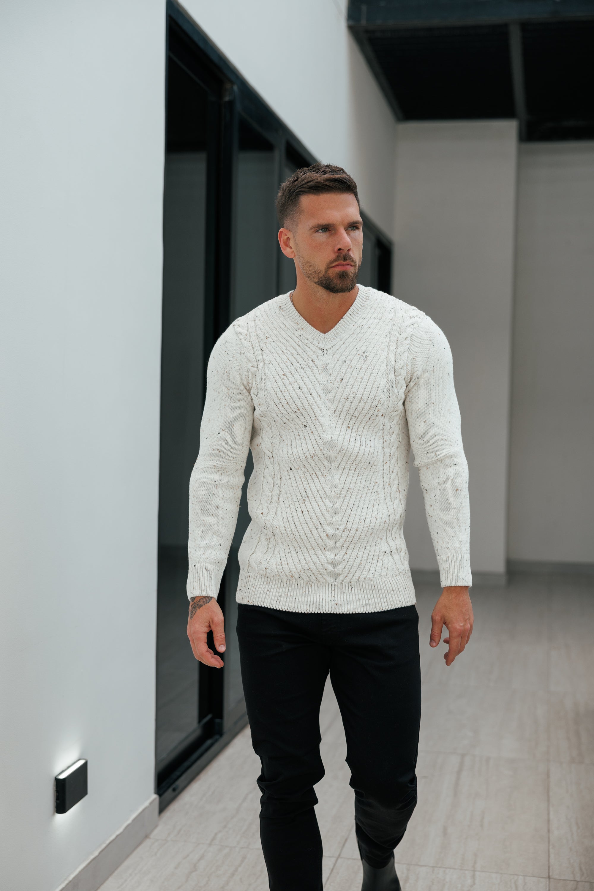 Chevron Front Beige Fleck V Neck Jumper - FSJ153