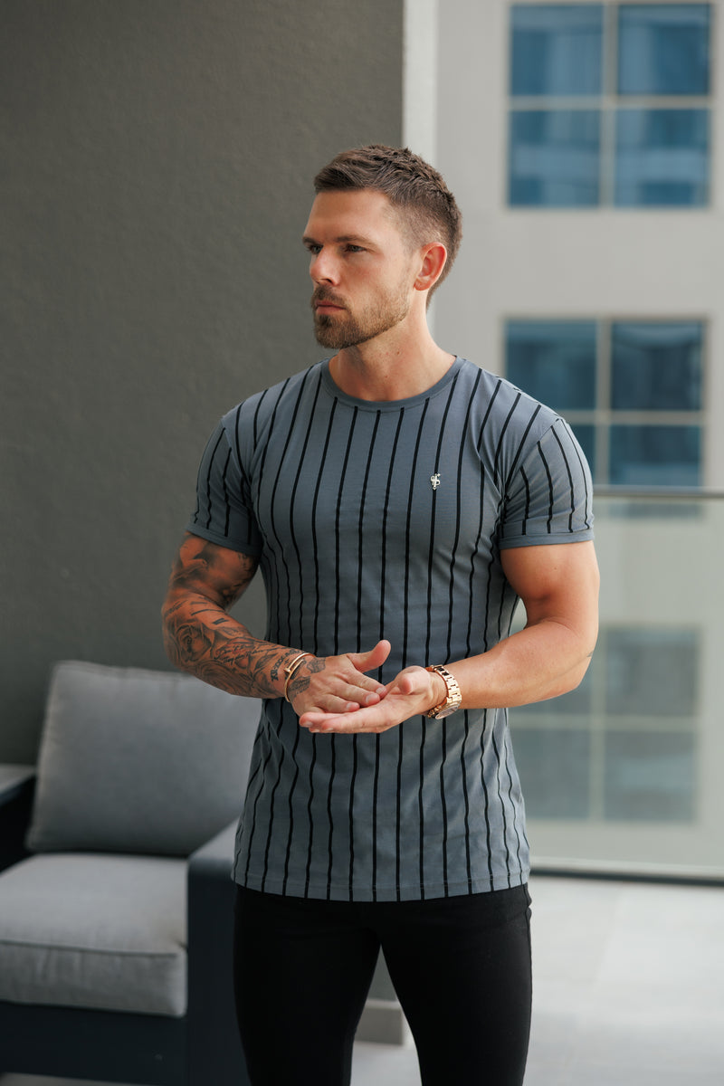 Father Sons Printed Charcoal / Black Stripe Fitted T Shirt - FSH1375