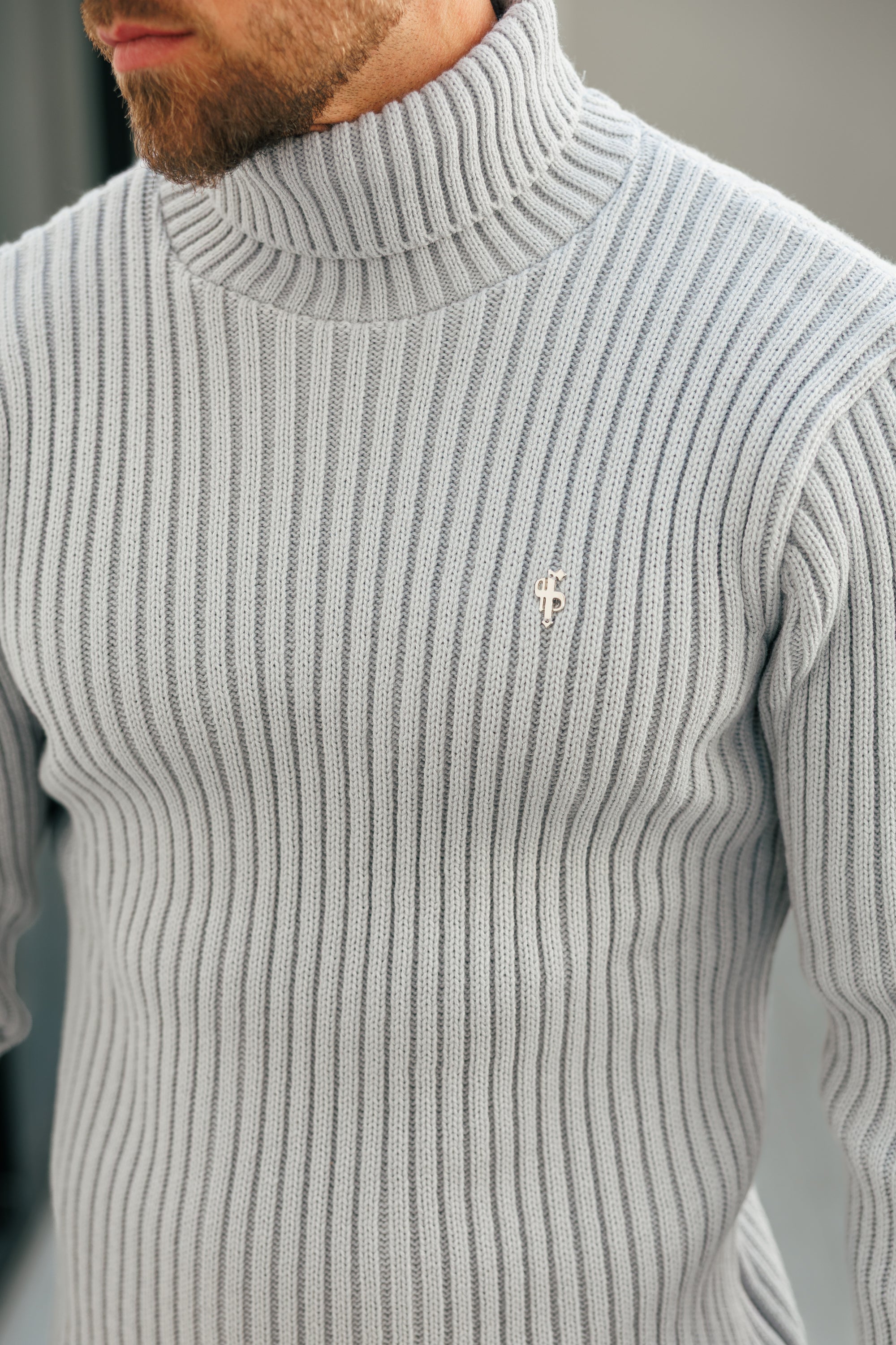 Ribbed Knit Cop Grey Roll Neck Jumper - FSJ116