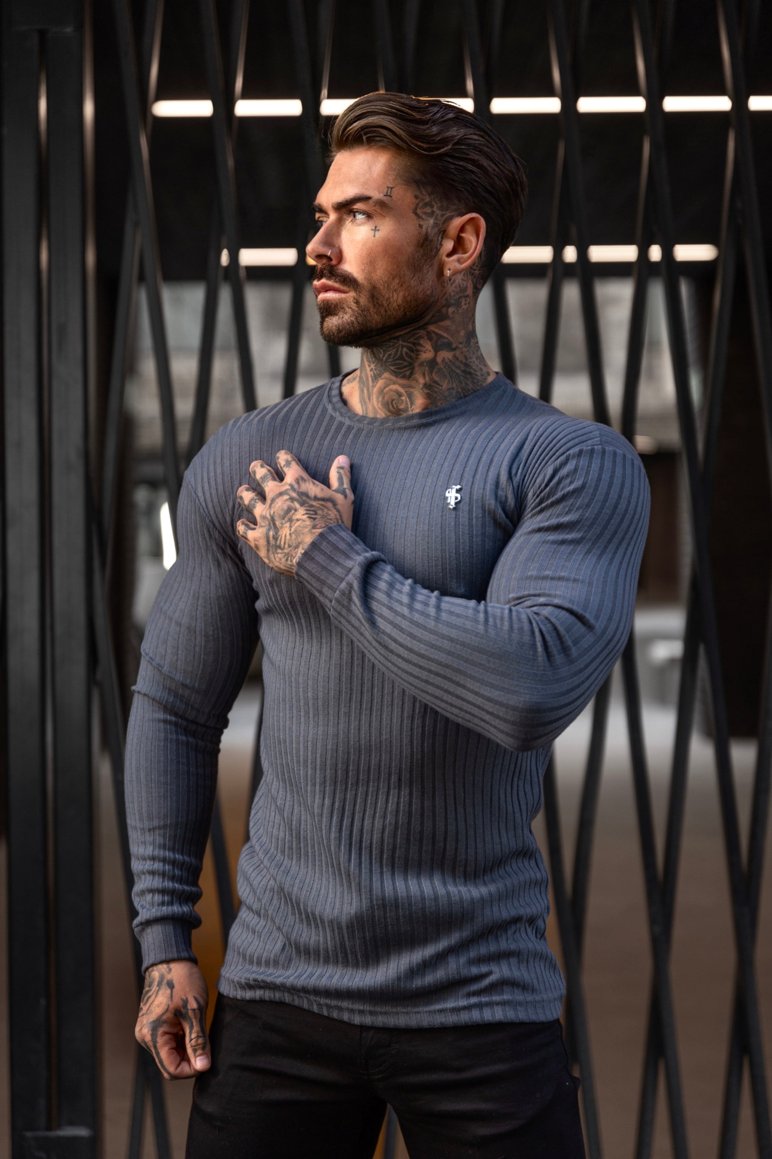 Father Sons Classic Charcoal Ribbed Knit Sweater With Silver Metal Emblem - FSH947