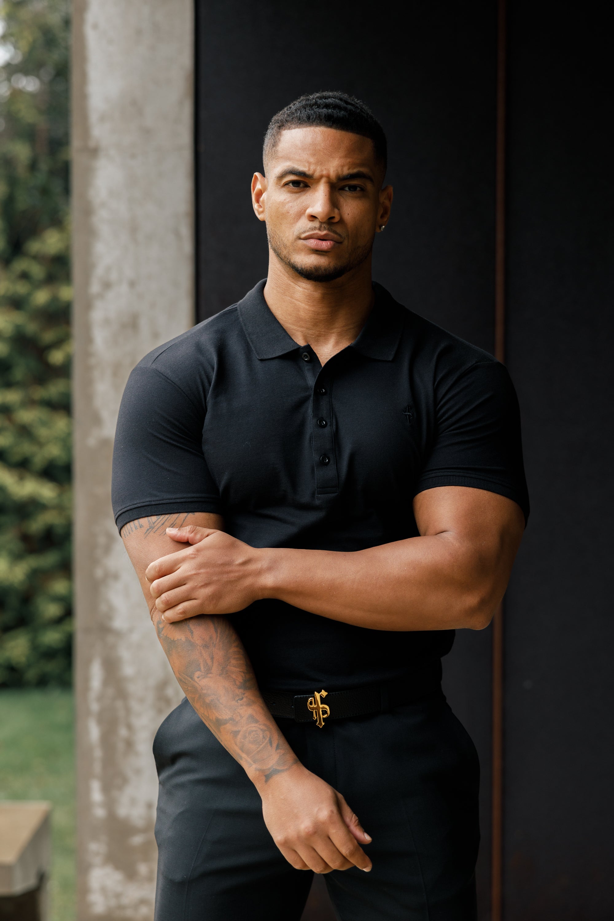 Classic Black Polo Shirt with Tonal Button and Embroidery - FSH824