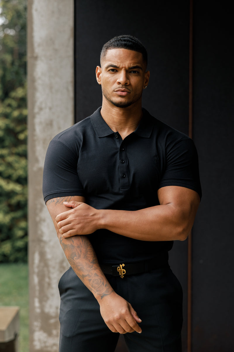 Father Sons Classic Black Polo Shirt with Tonal Button and Embroidery - FSH824