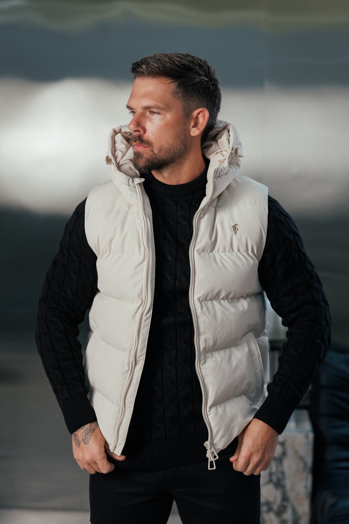 Light Beige Padded Hooded Gilet - FSN243