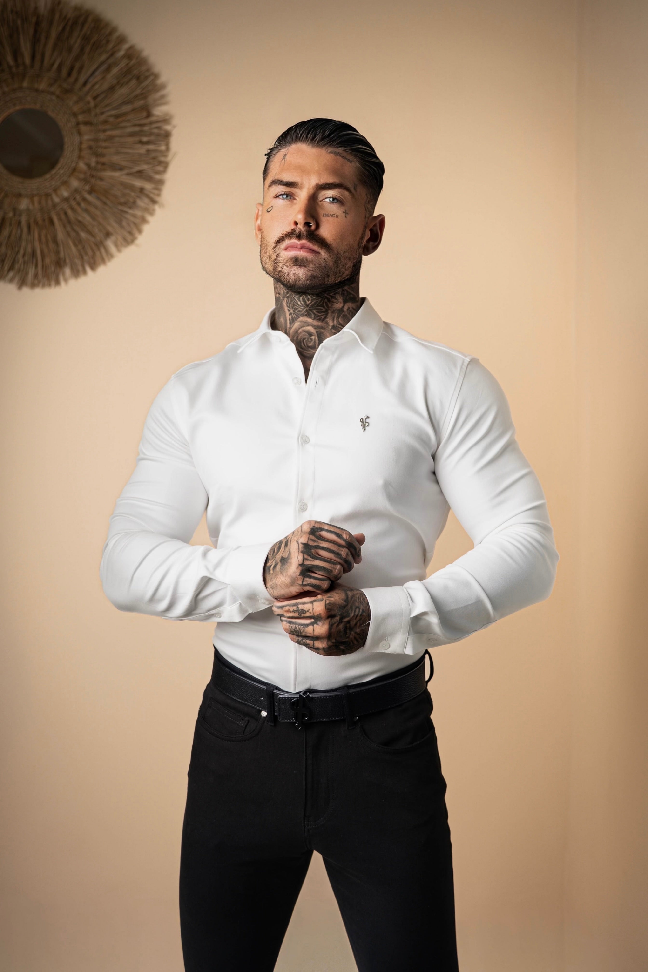 Super Slim Stretch White Denim Long Sleeve with Silver Metal Decal - FS1209