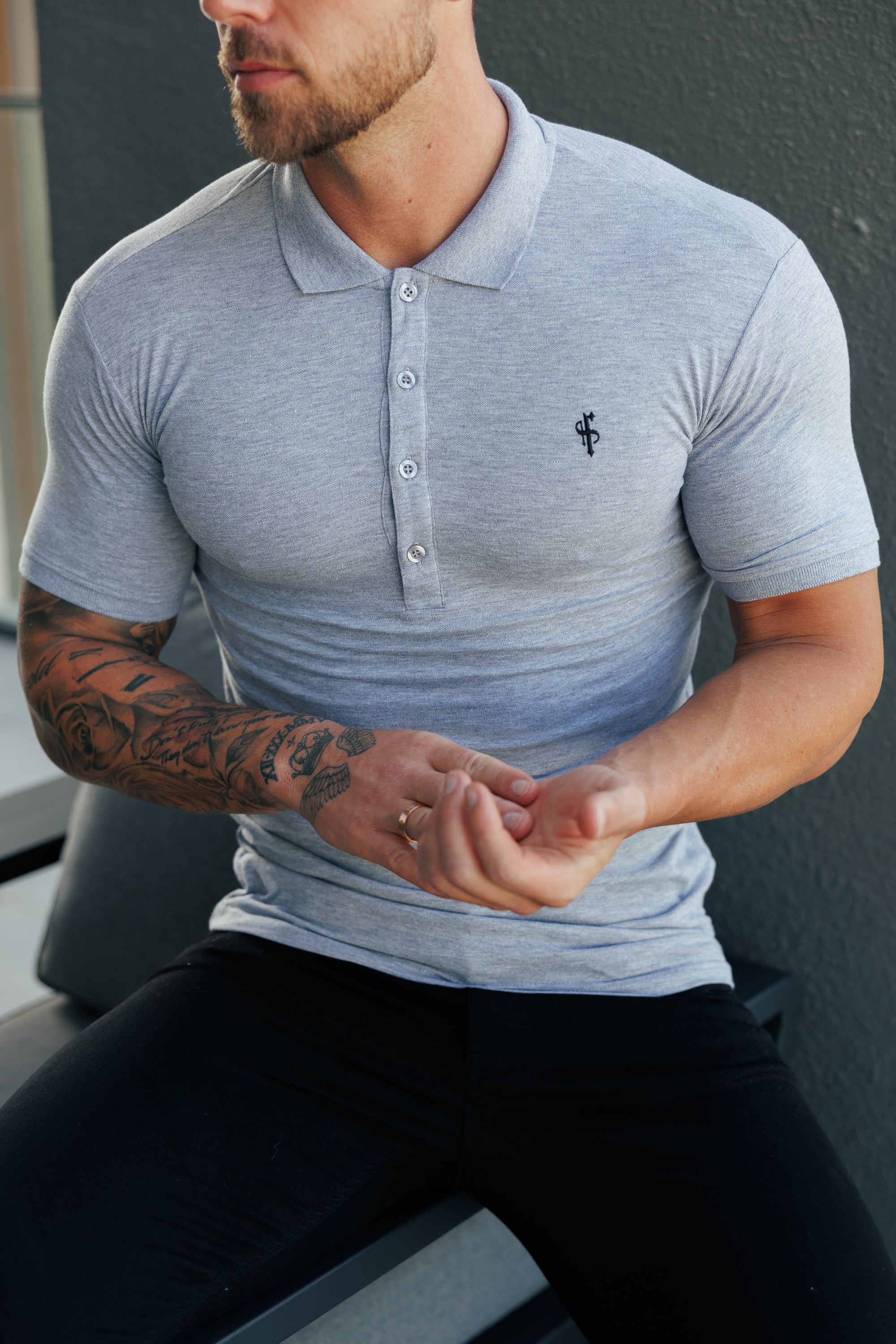 Classic Light Grey Polo Shirt with Tonal Button and Black Embroidery - FSH1268