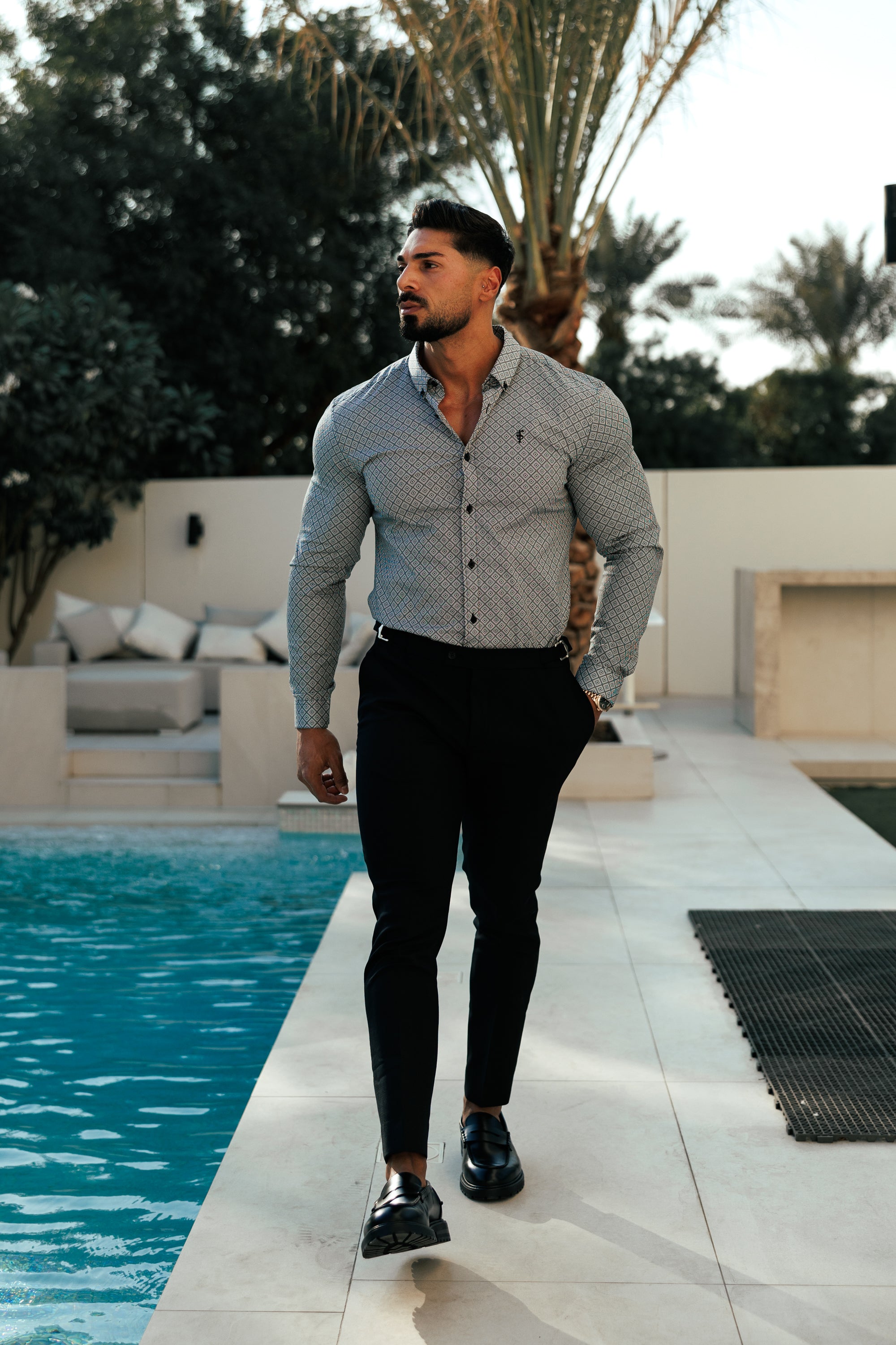 Super Slim Stretch Black / White Diamond Print Long Sleeve with Button Down Collar - FS1226
