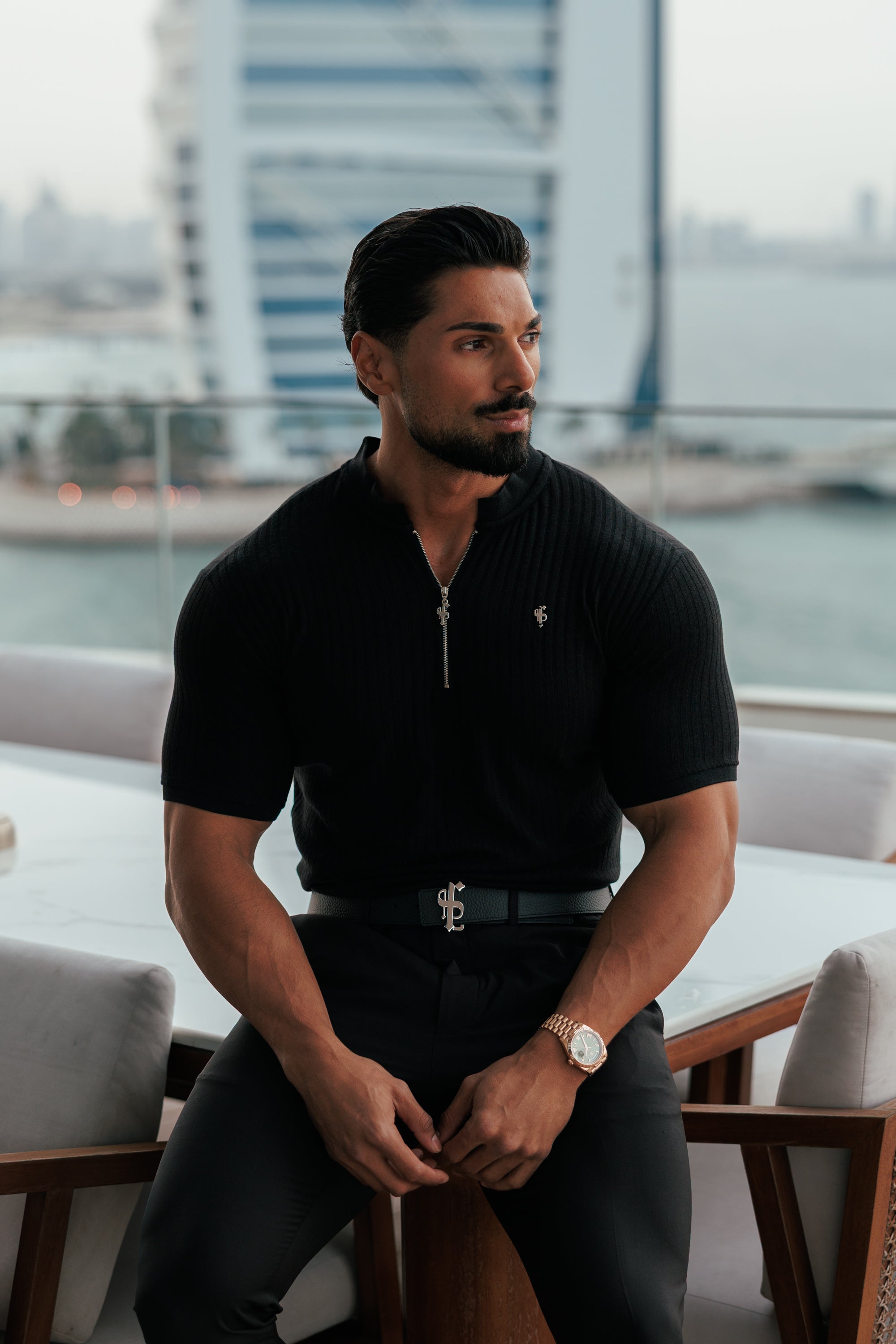 Super Slim Black / Silver  Ribbed Zip Grandad Collar Shirt Short Sleeve - FSH1445