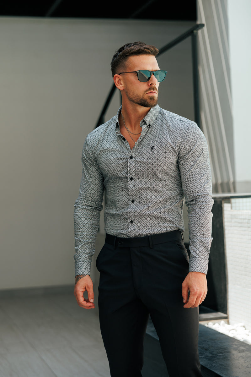 Father Sons Super Slim Stretch Black / White Diamond Print Long Sleeve with Button Down Collar - FS1226