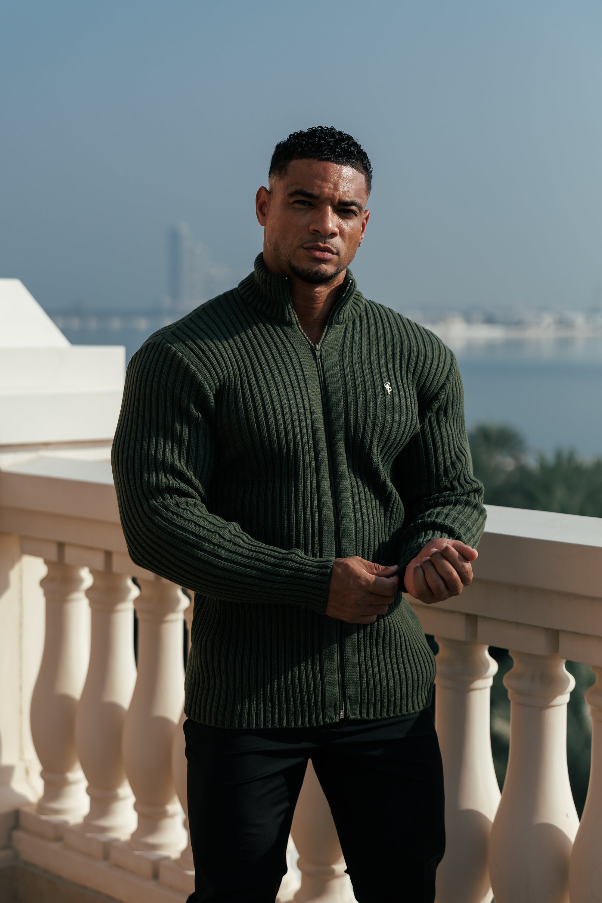 Chunky Olive Ribbed Zipped Cardigan with Gold Emblem- FSJ095