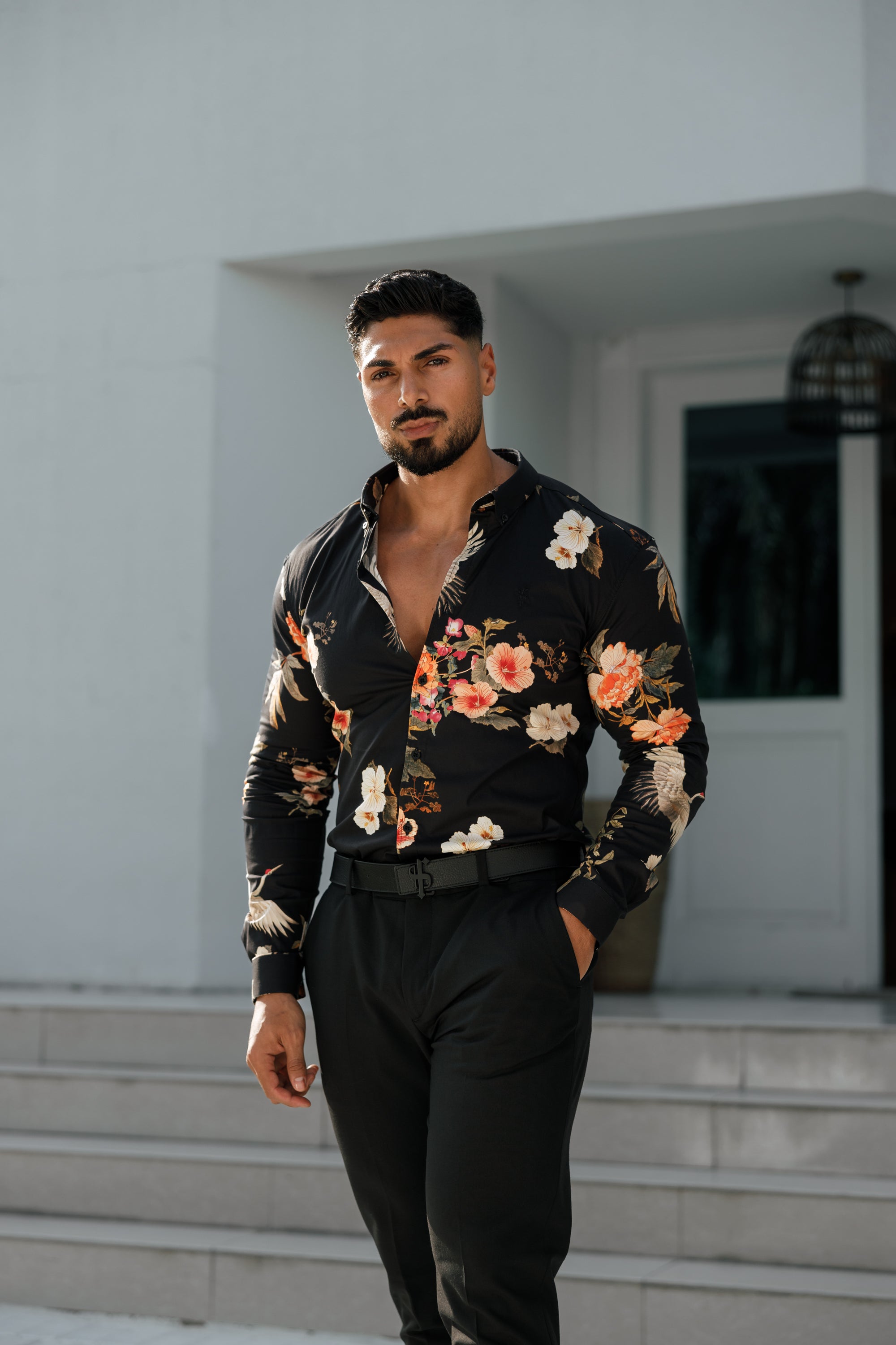 Super Slim Stretch Black Crane Print Long Sleeve with Button Down Collar - FS772