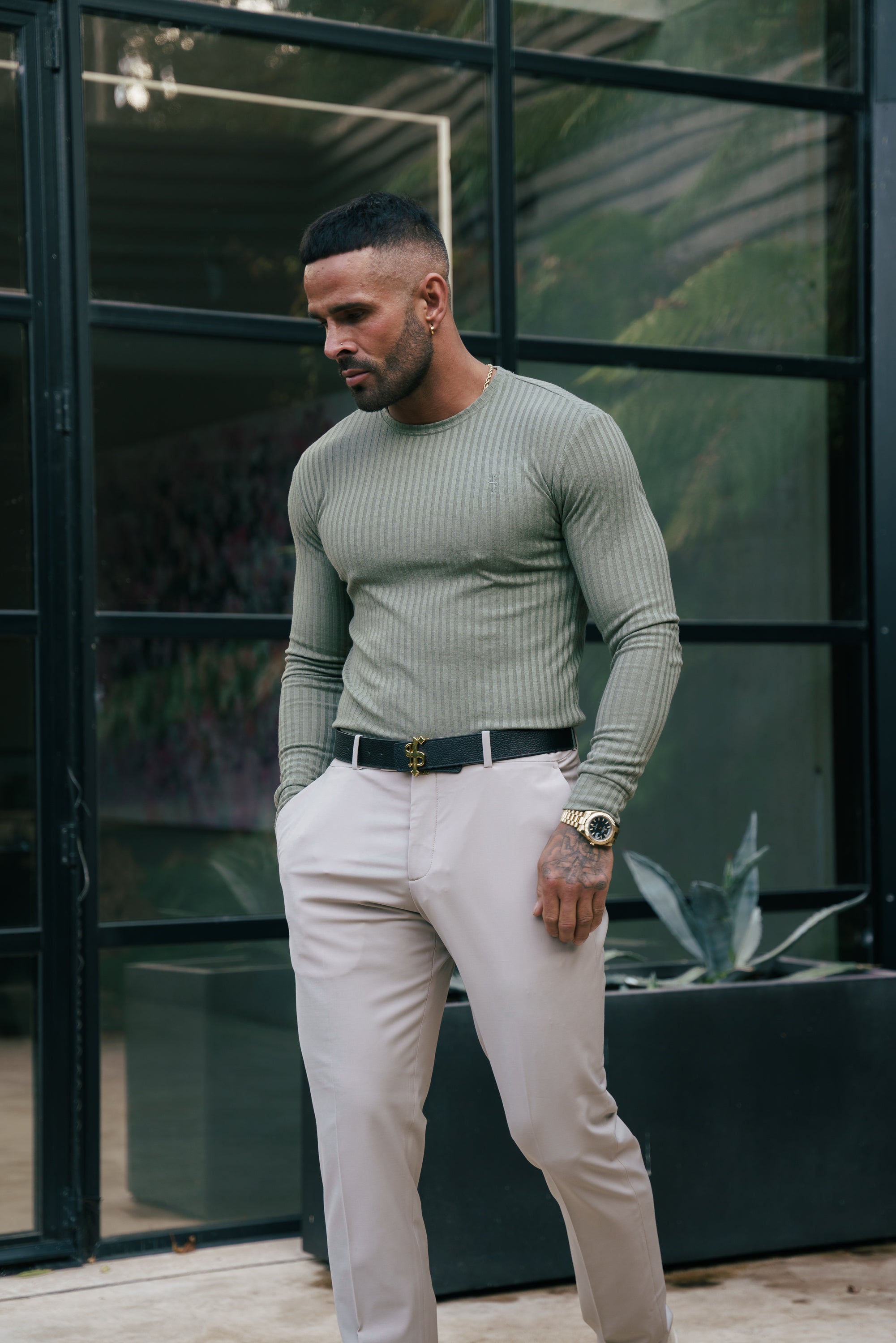 Father Sons Classic Olive Ribbed Knit Jumper With Tonal Embroidery -  FSH1285
