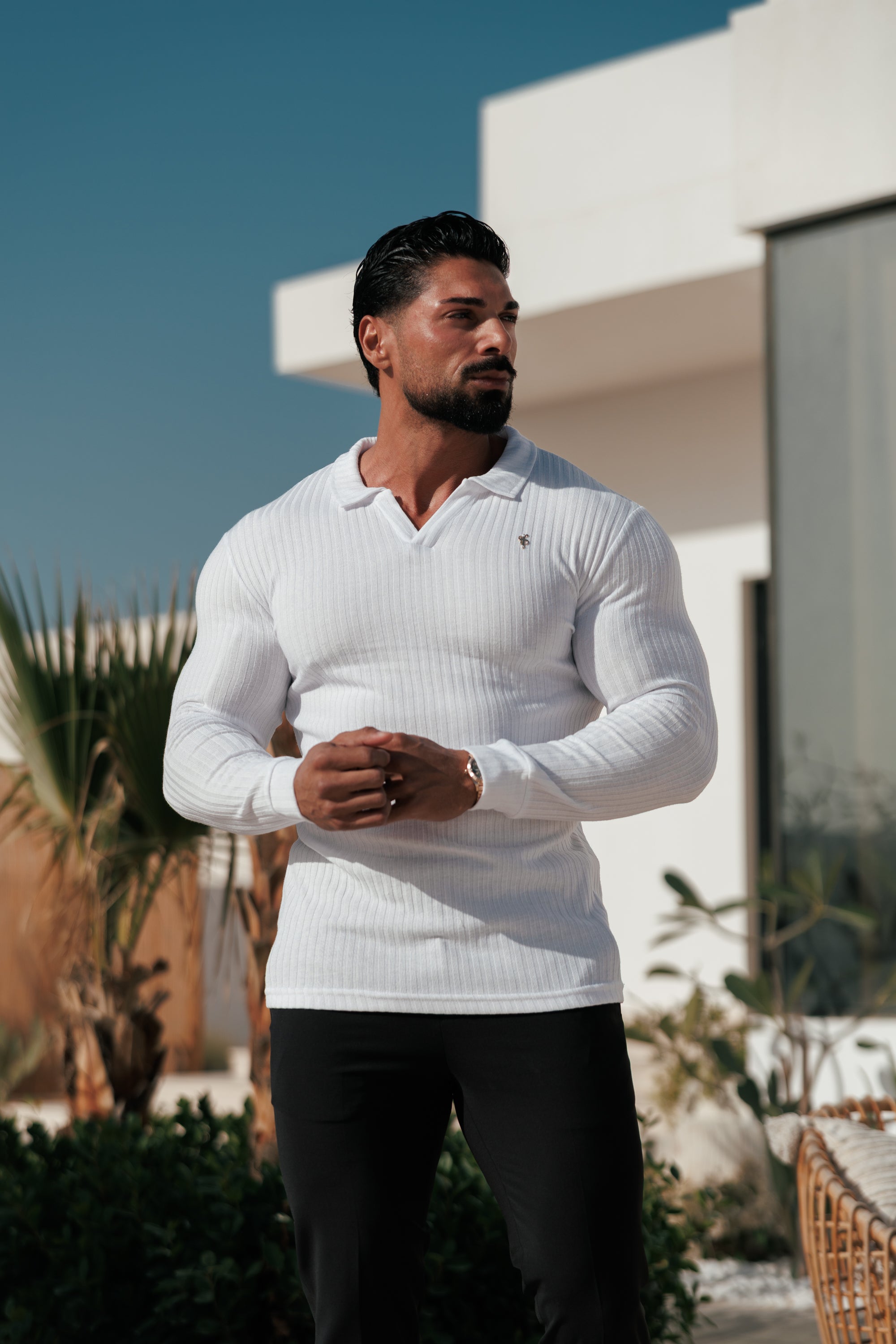 White / Gold Ribbed Revere Polo Shirt Long Sleeve - FSH1431
