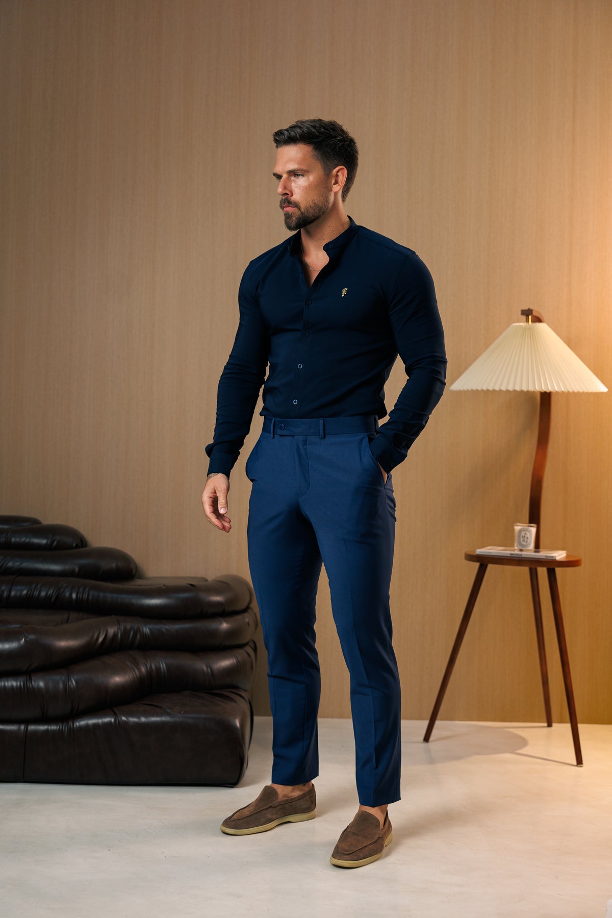 Super Slim Scuba Navy Long Sleeve Stretch With Grandad Collar With Gold Decal  - FS1265