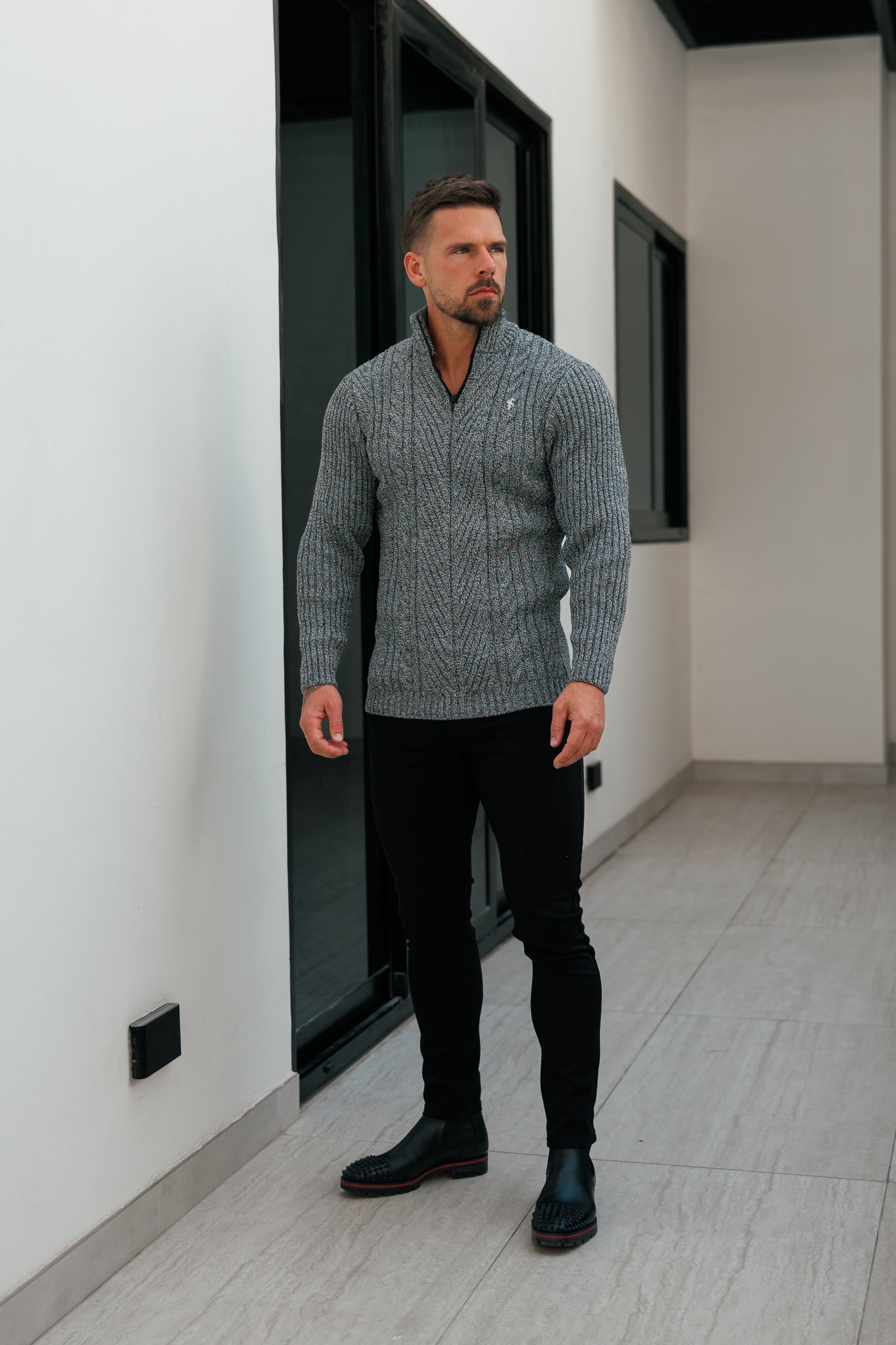 Funnel Neck Jumper with Quarter Zip Black / White Two Tone - FSJ154