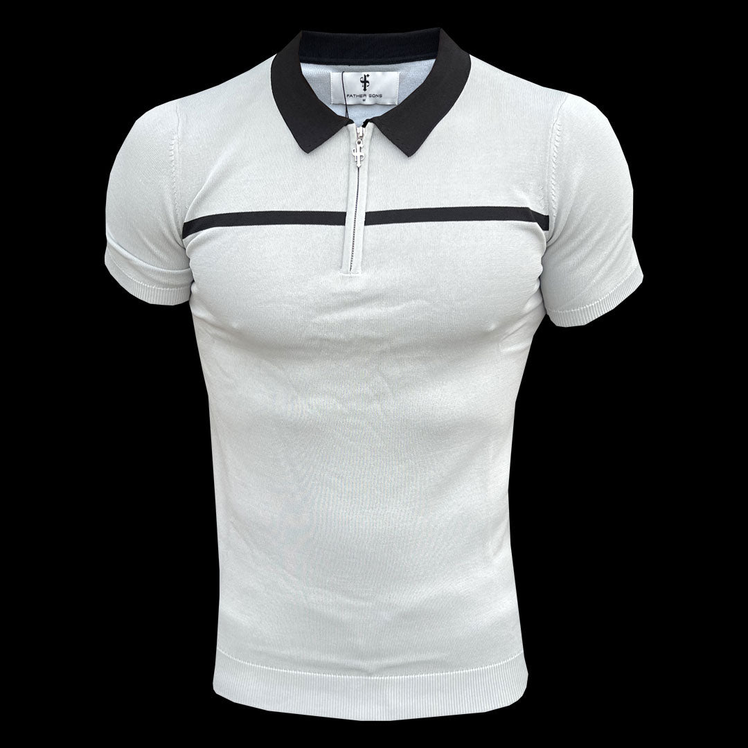 Classic Silver Grey / Black Horizontal Stripe Zipped Polo Short Sleeve - FSN040