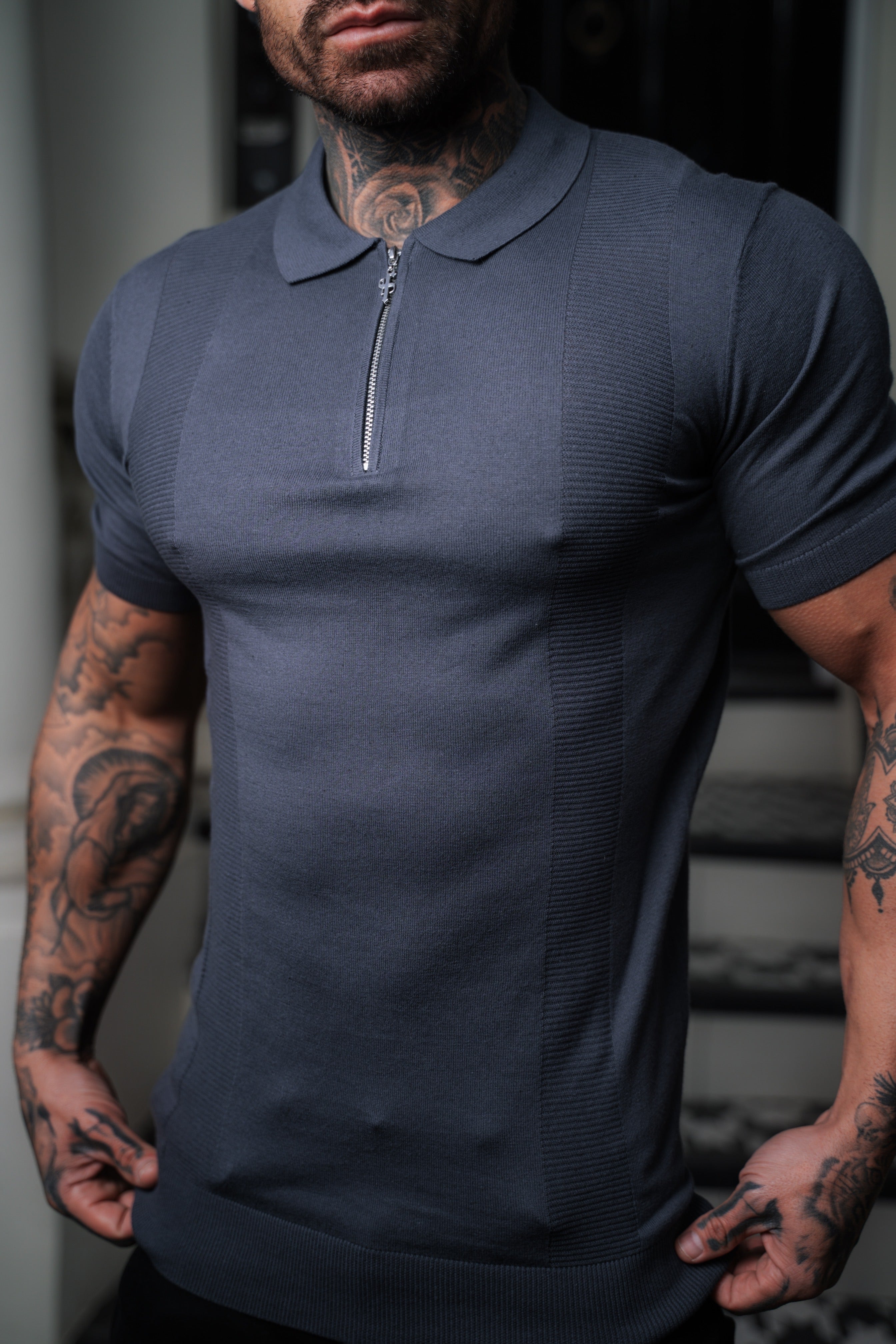 Classic Gunmetal and Silver Zip Knitted Polo Shirt Short Sleeve  - FSN133