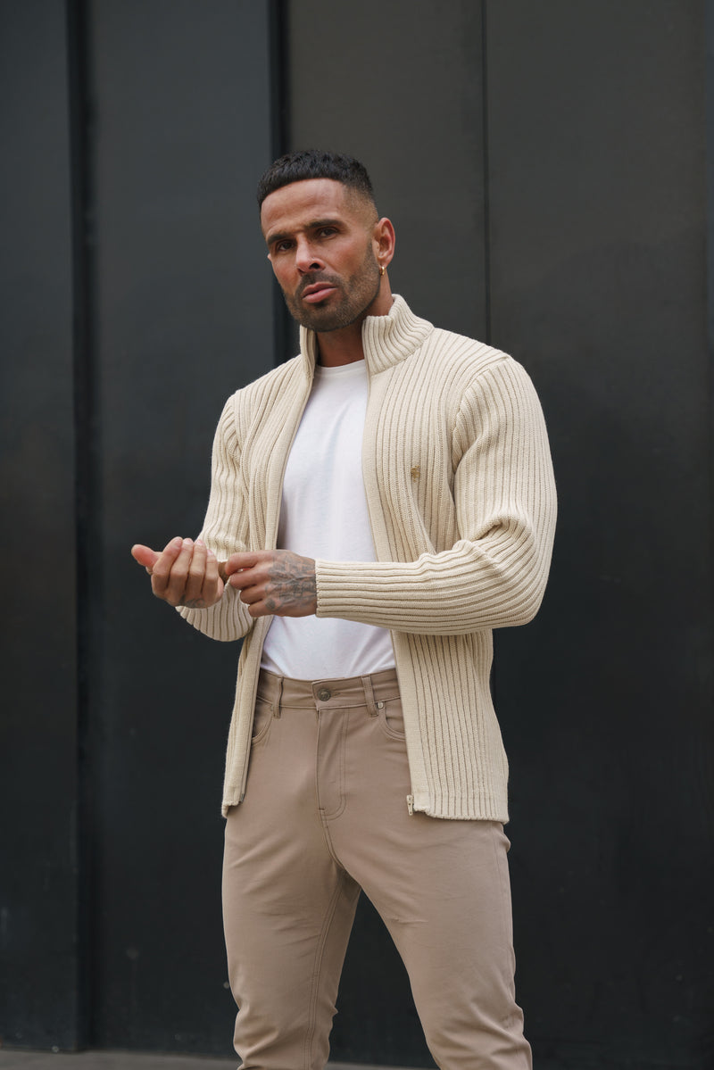 Father Sons Chunky Beige Ribbed Zipped Cardigan - FSJ069