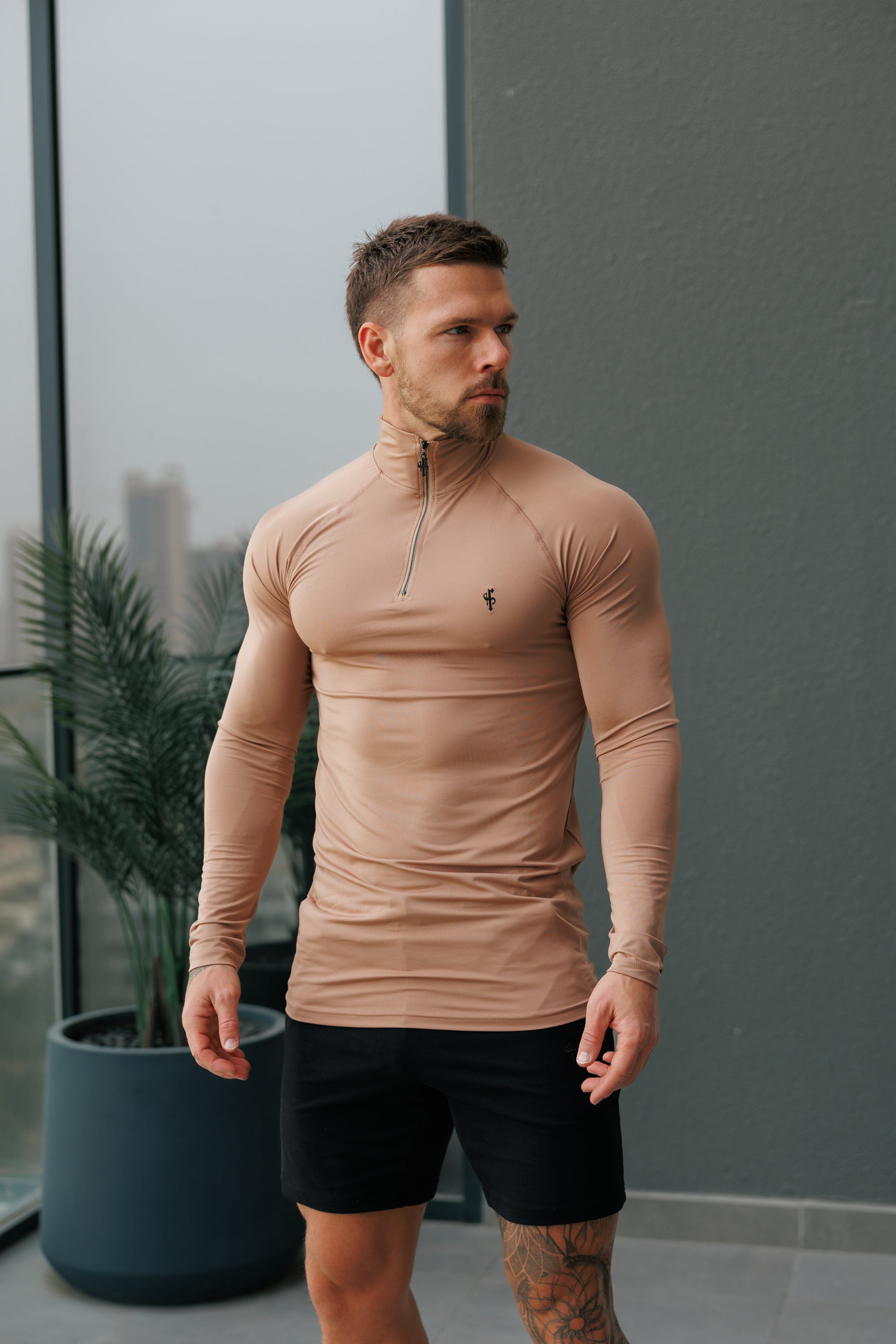 LS Coffee / Black Half Zip Gym Top - FSH1283