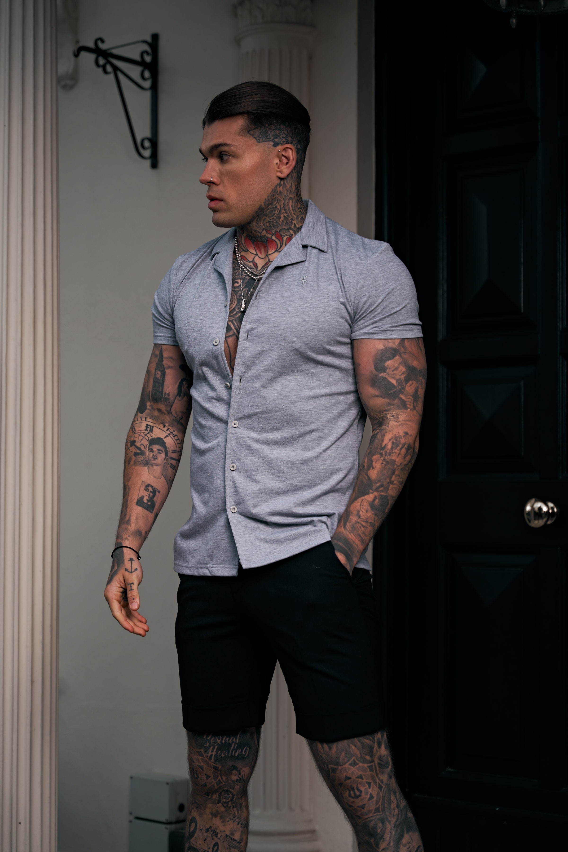 Stretch Light Grey Pique Revere Shirt Short Sleeve - FSH1072