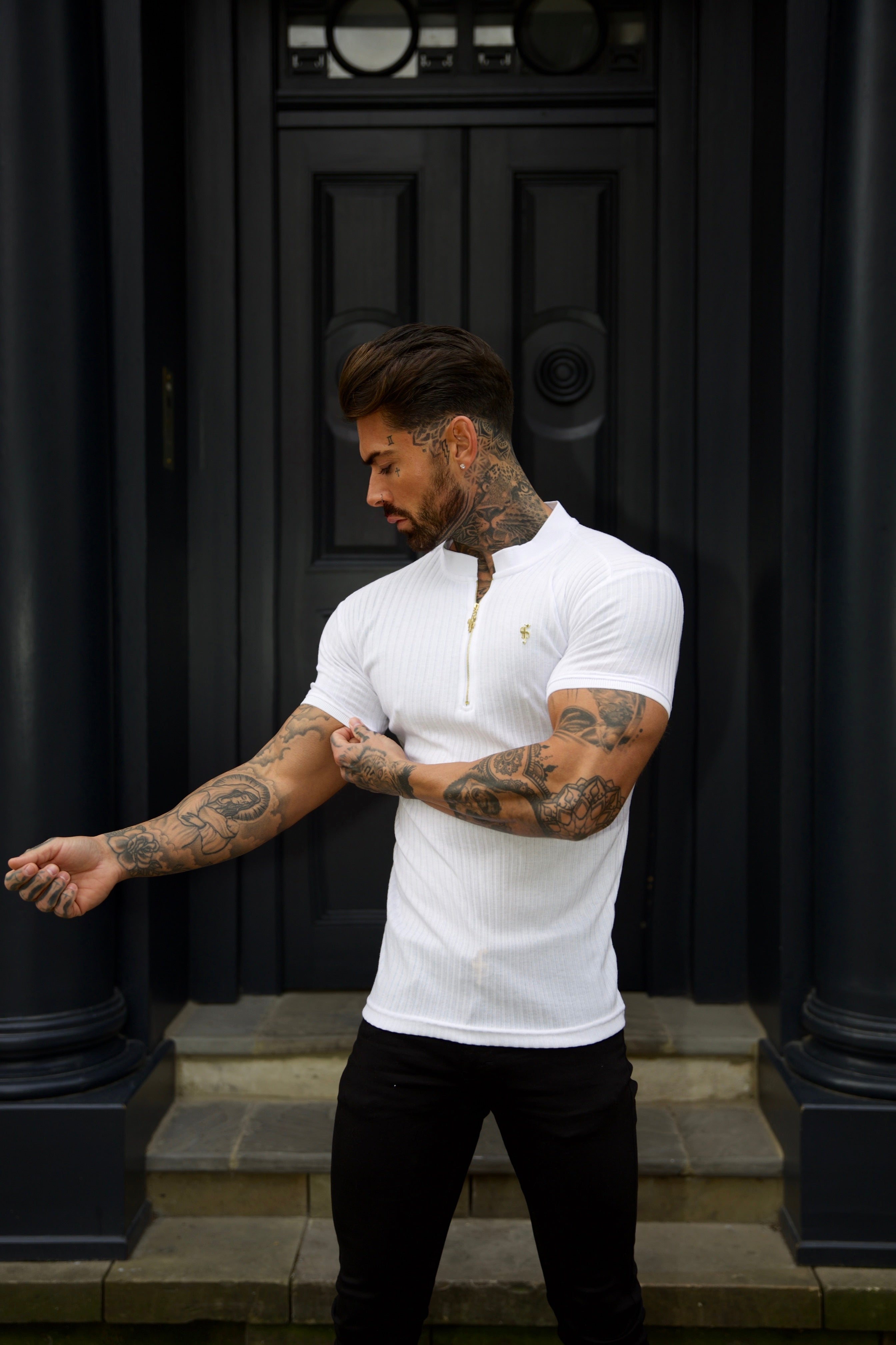 Classic White / White Ribbed Gold Zip Grandad Collar Shirt Short Sleeve - FSH915