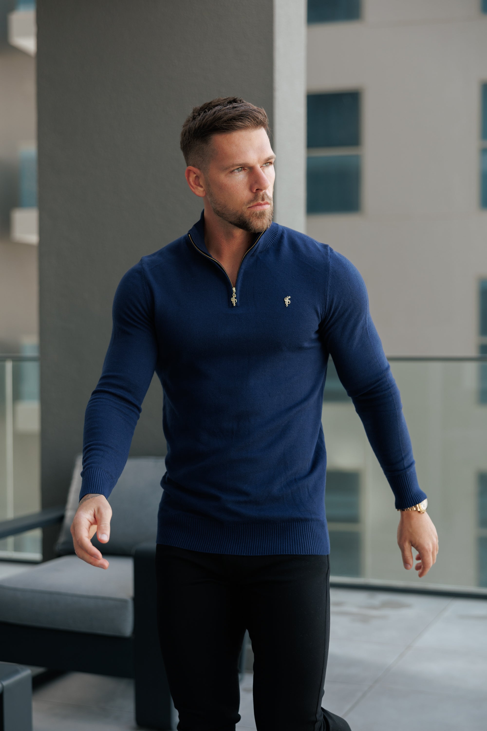 FS Navy Funnel Neck Knitted Jumper With FS Branding -  FSN191