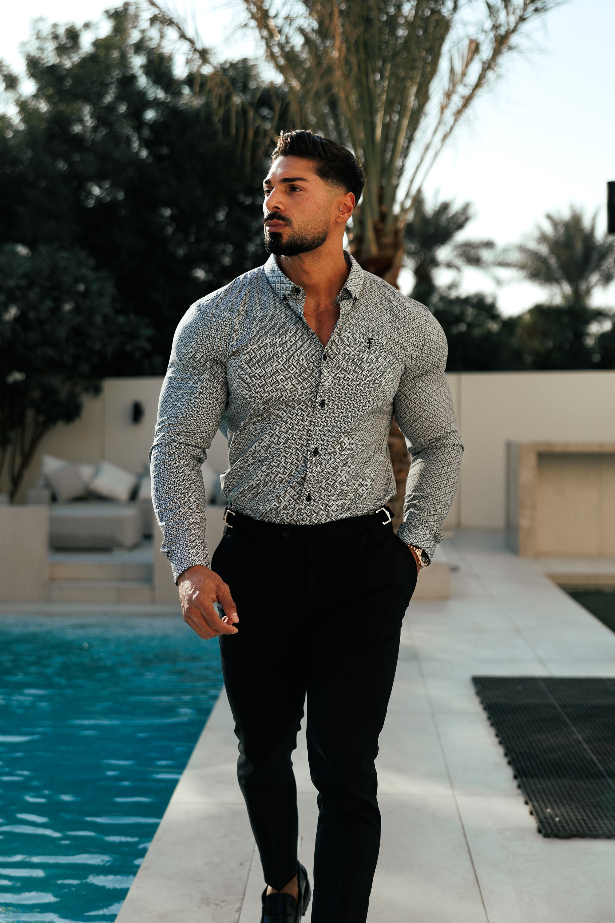 Super Slim Stretch Black / White Diamond Print Long Sleeve with Button Down Collar - FS1226