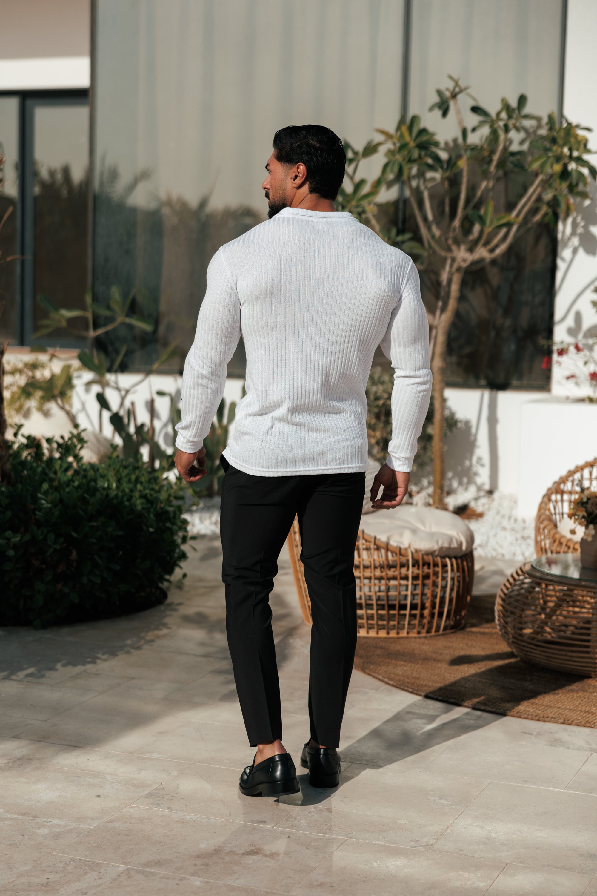 White / Gold Ribbed Revere Polo Shirt Long Sleeve - FSH1431