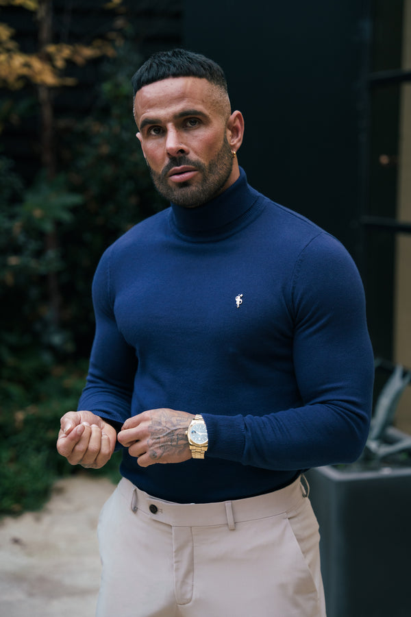 FS Navy Roll Neck Knitted Jumper With FS Branding - FSN206